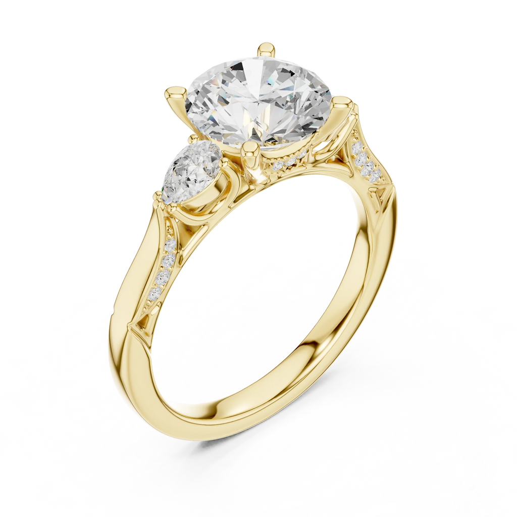 Round Cut Lab Grown 2.53 CT Three Stone Pear Accent Engagement Ring in 14K Rose Gold