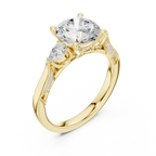 Round Cut Lab Grown 2.53 CT Three Stone Pear Accent Engagement Ring in 14K Rose Gold