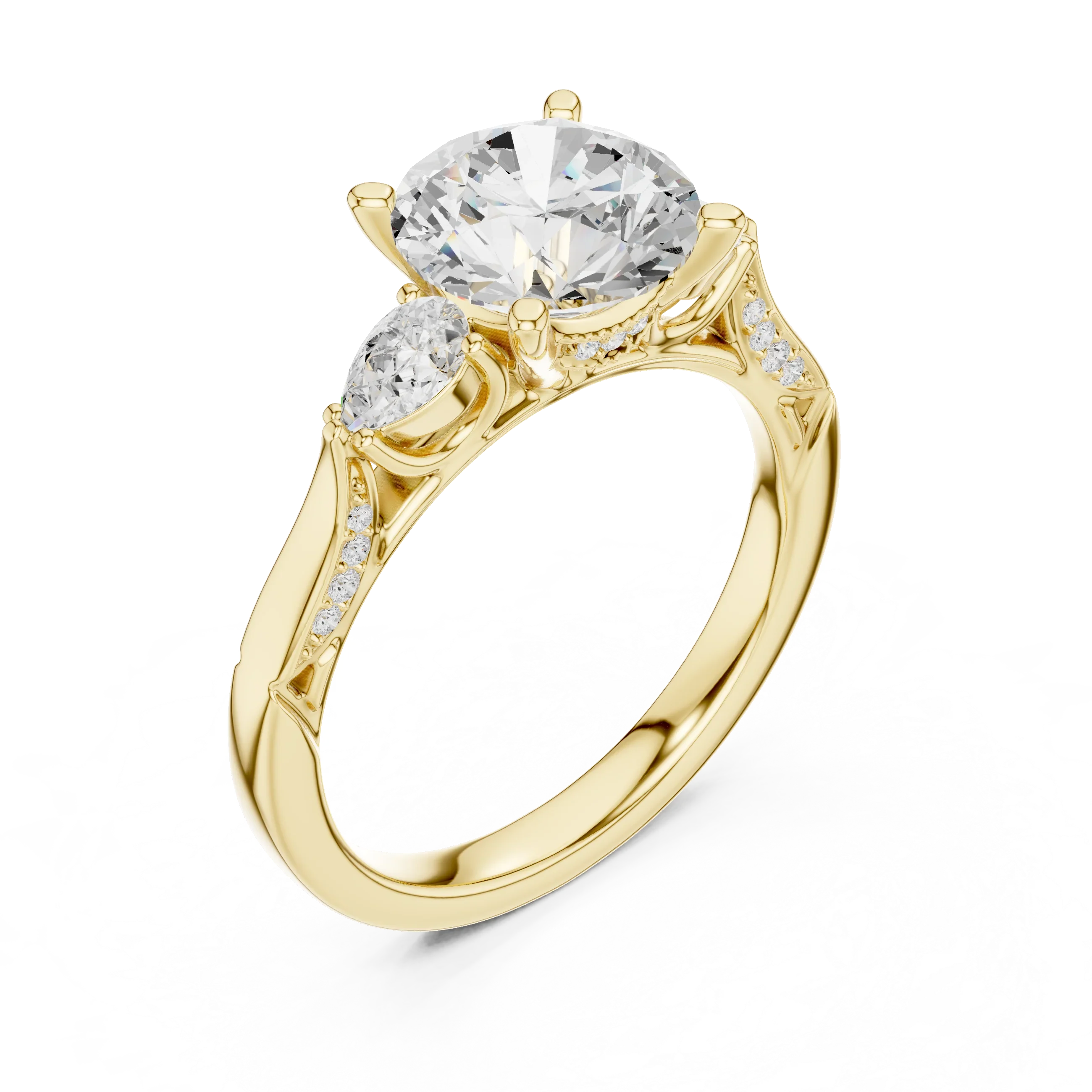 Round Cut Lab Grown 2.53 CT Three Stone Pear Accent Engagement Ring in 14K Rose Gold