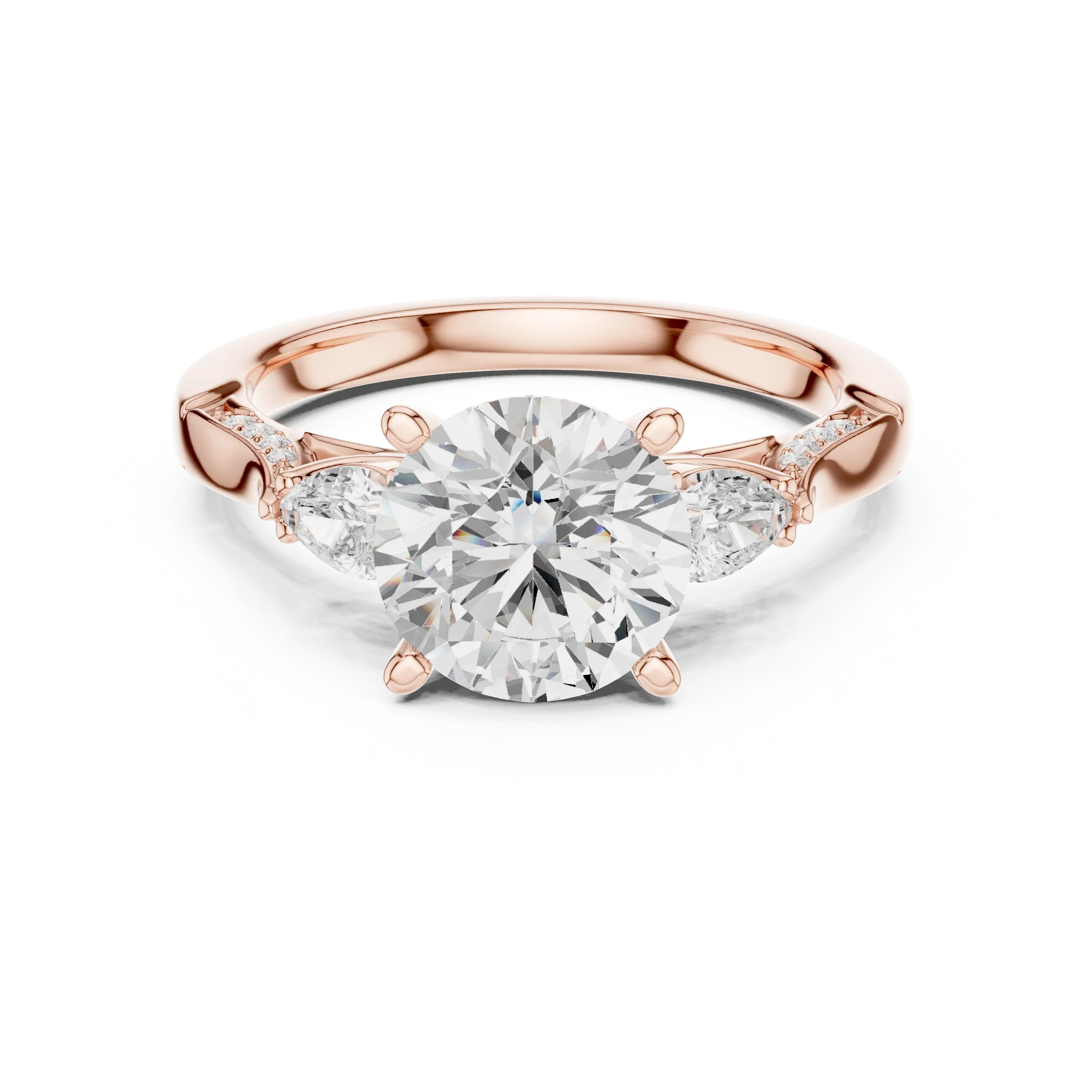 Round Cut Lab Grown 2.53 CT Three Stone Pear Accent Engagement Ring in 14K Rose Gold