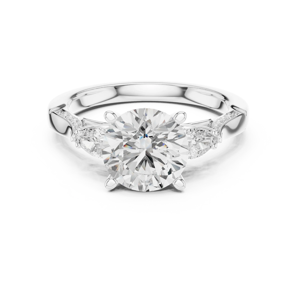 Round Cut Lab Grown 2.53 CT Three Stone Pear Accent Engagement Ring in 14K Rose Gold