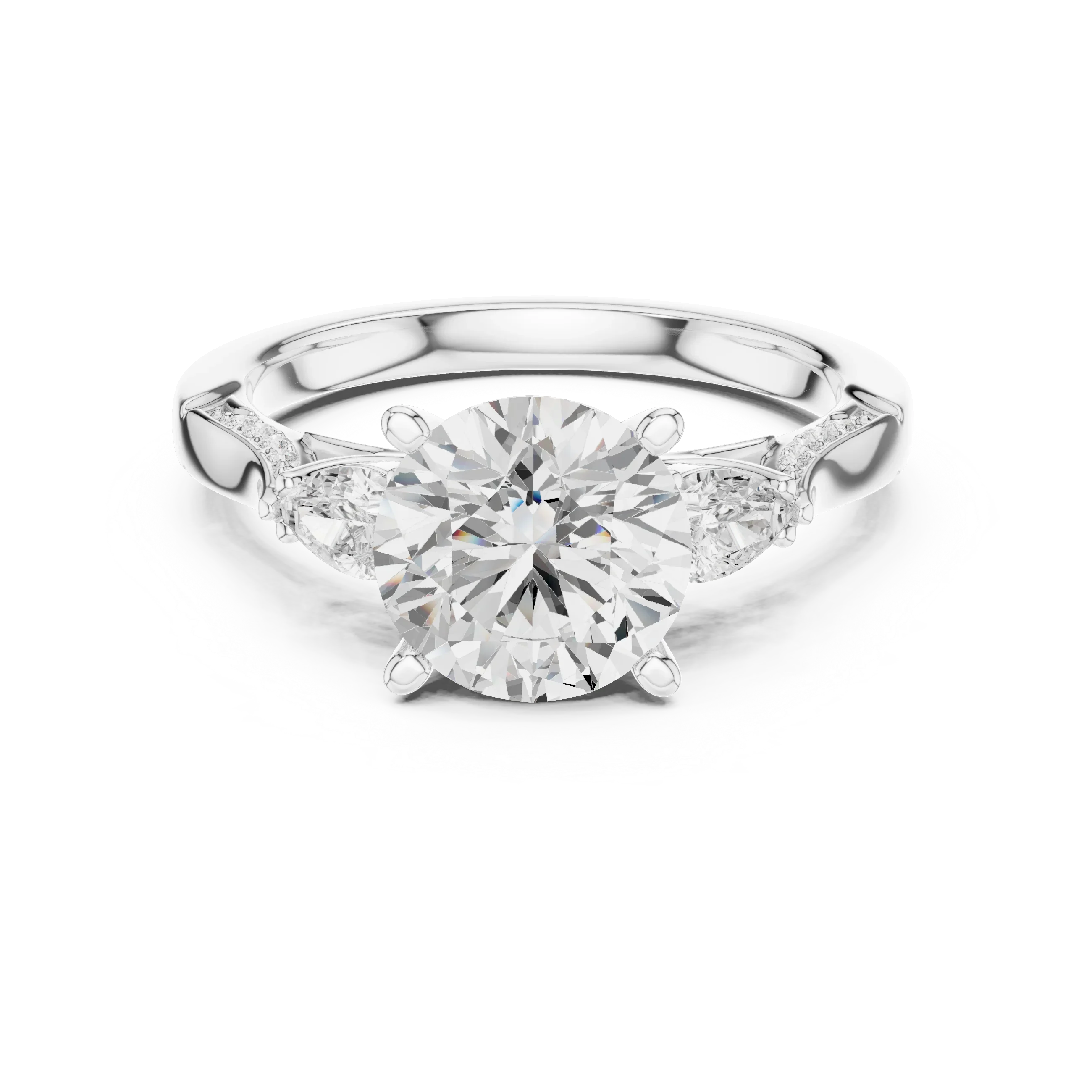 Round Cut Lab Grown 2.53 CT Three Stone Pear Accent Engagement Ring in 14K Rose Gold