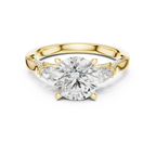 Round Cut Lab Grown 2.53 CT Three Stone Pear Accent Engagement Ring in 14K Rose Gold