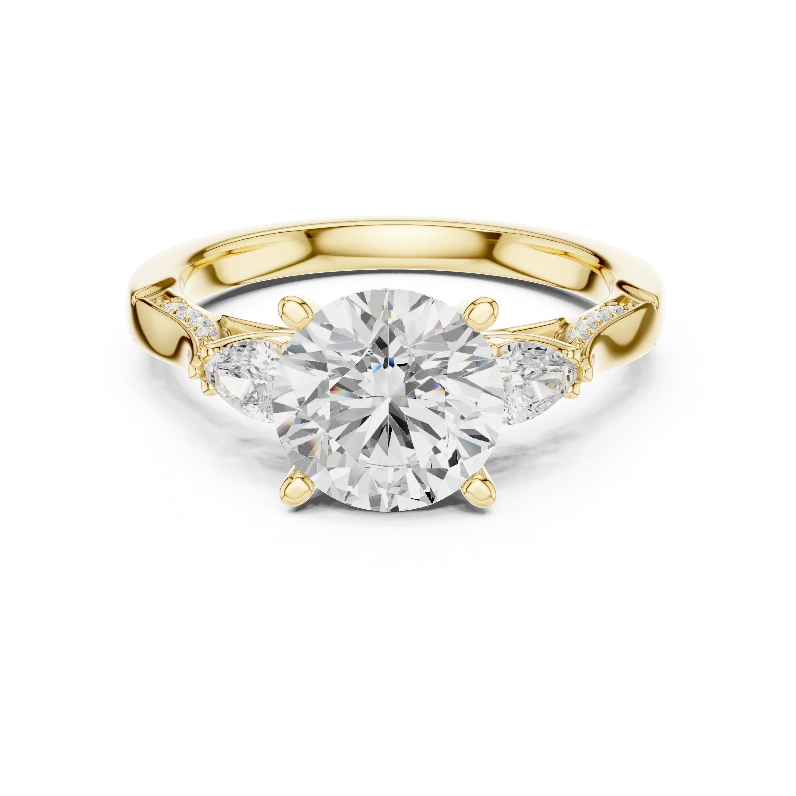 Round Cut Lab Grown 2.53 CT Three Stone Pear Accent Engagement Ring in 14K Rose Gold