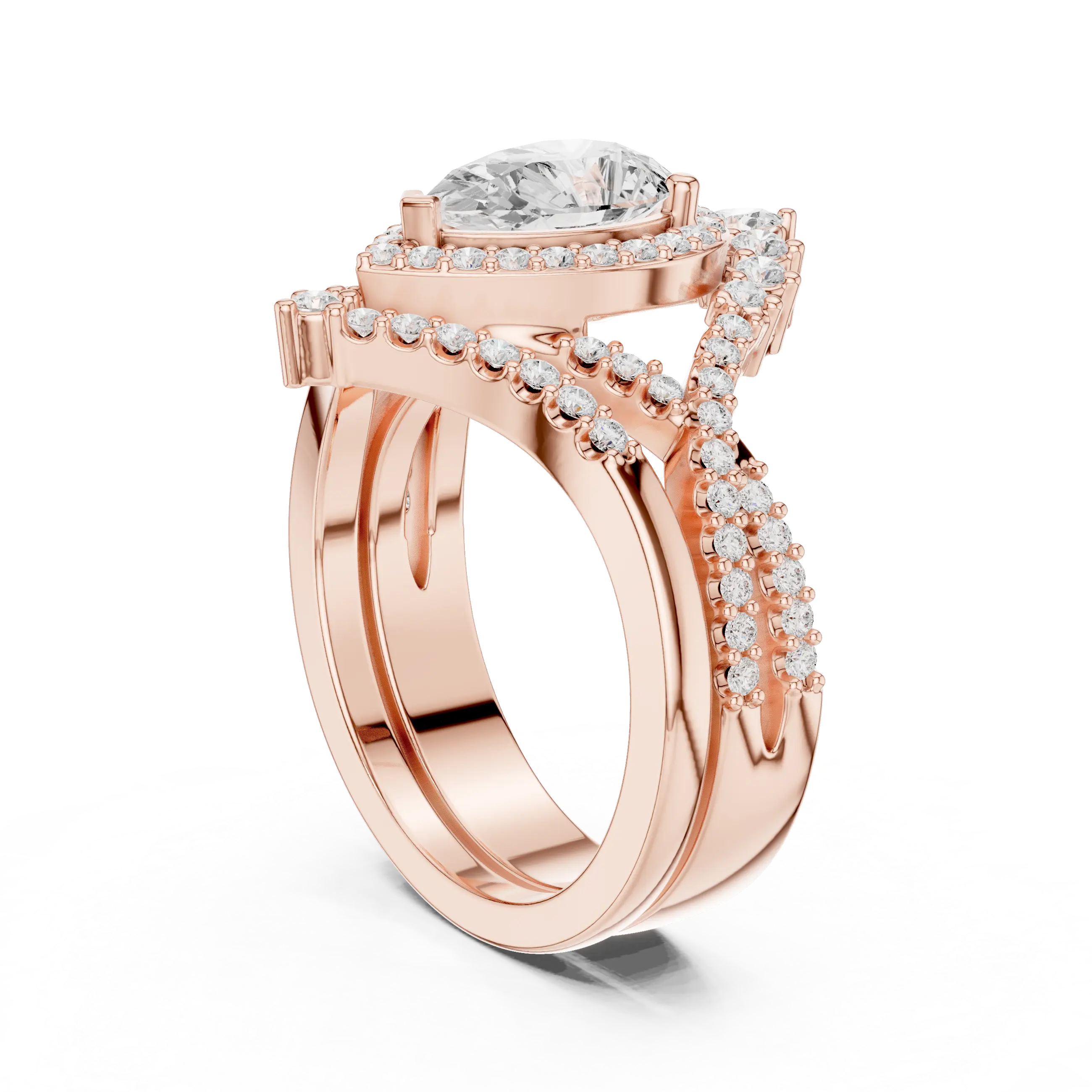 Pear Shape Diamond Halo Ring Set in Rose Gold – Double Band Engagement Ring for Women