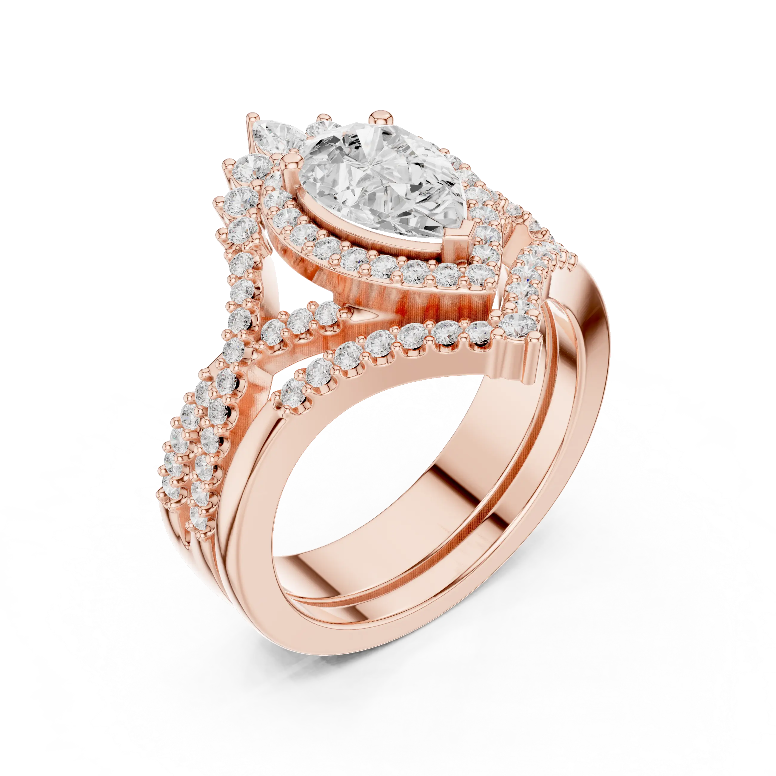 Pear Shape Diamond Halo Ring Set in Rose Gold – Double Band Engagement Ring for Women