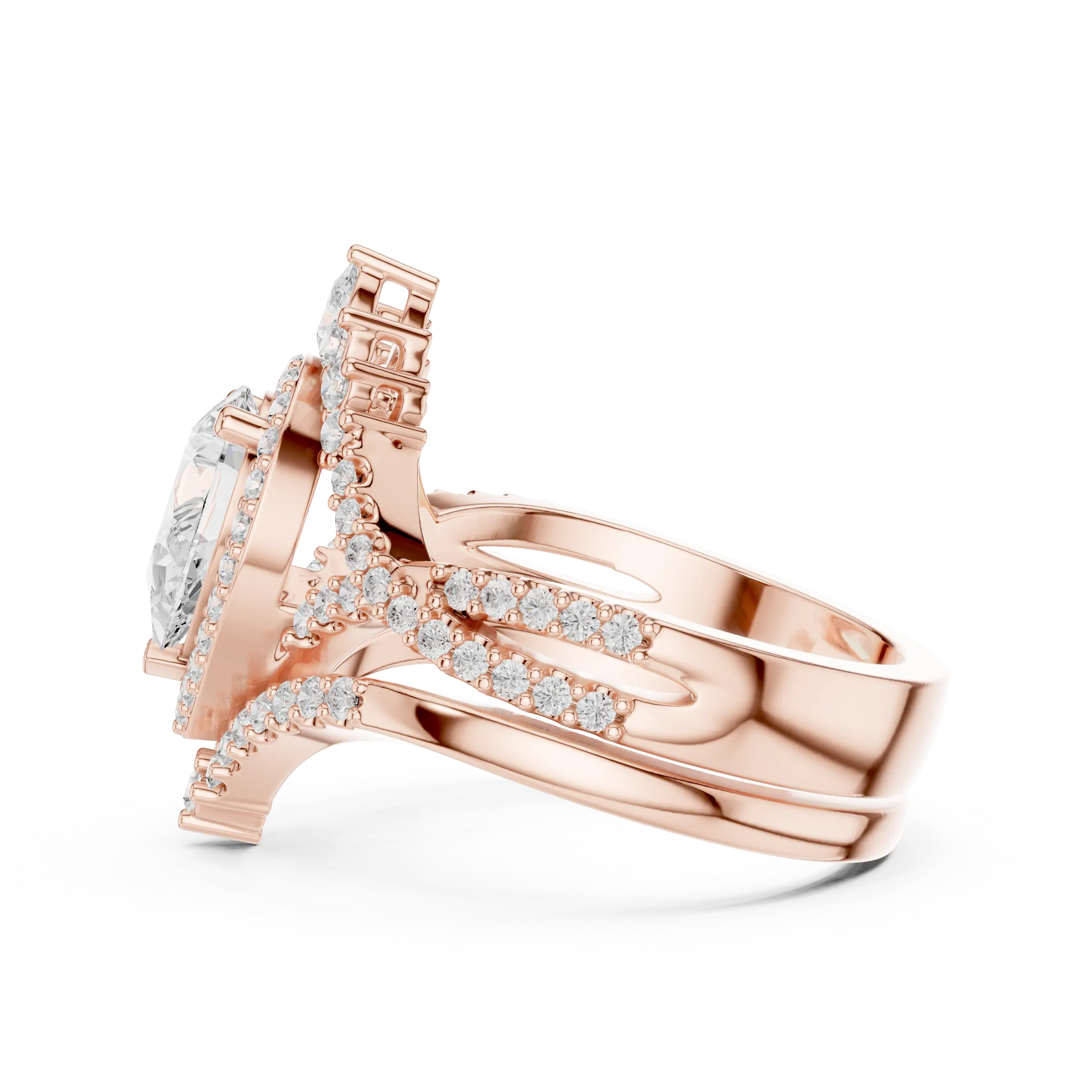 Pear Shape Diamond Halo Ring Set in Rose Gold – Double Band Engagement Ring for Women