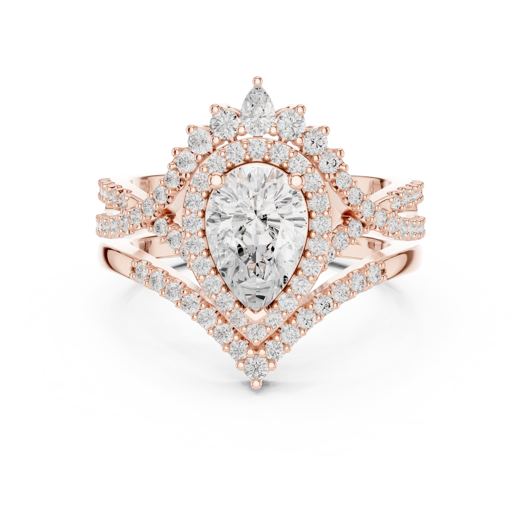 Pear Shape Diamond Halo Ring Set in Rose Gold – Double Band Engagement Ring for Women