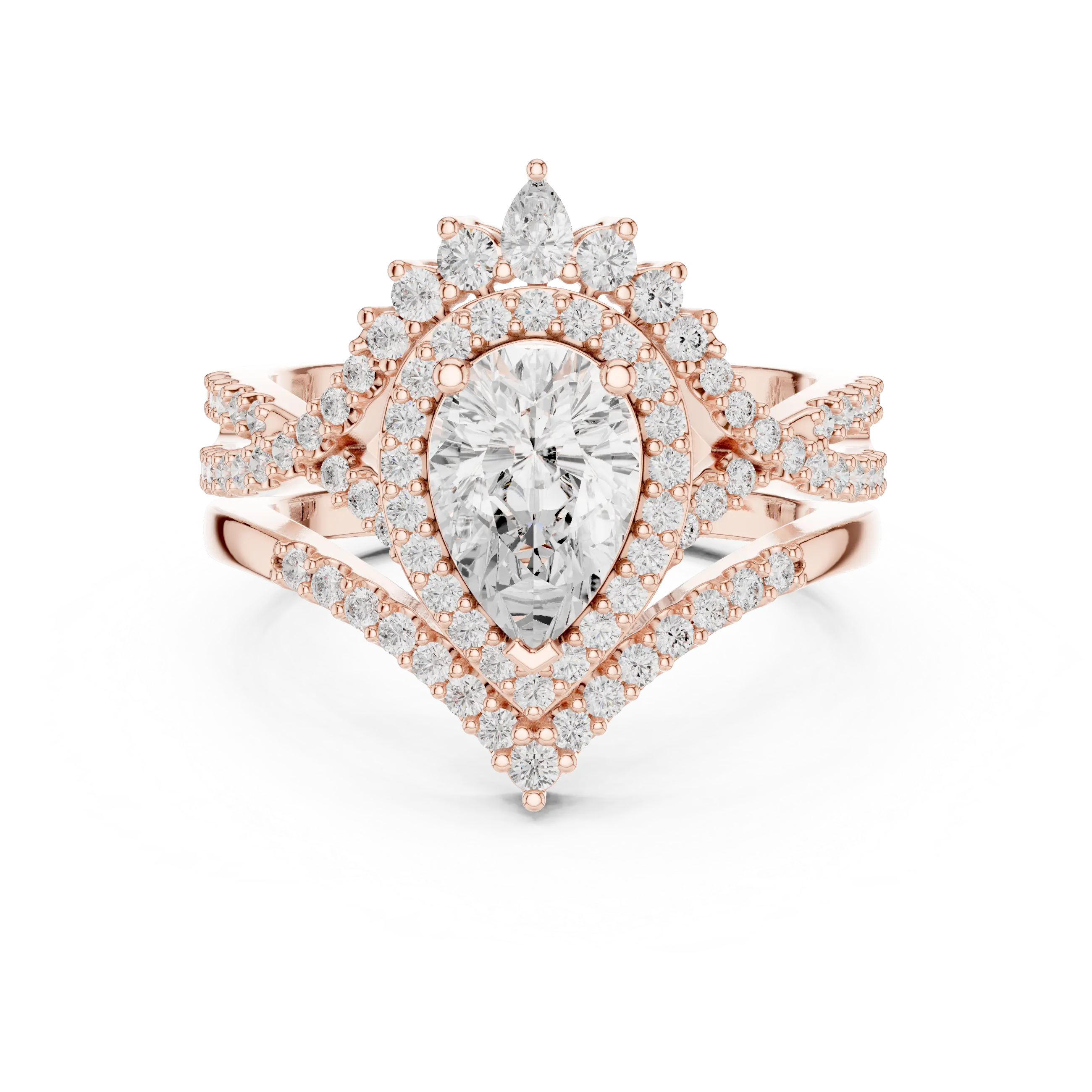 Pear Shape Diamond Halo Ring Set in Rose Gold – Double Band Engagement Ring for Women