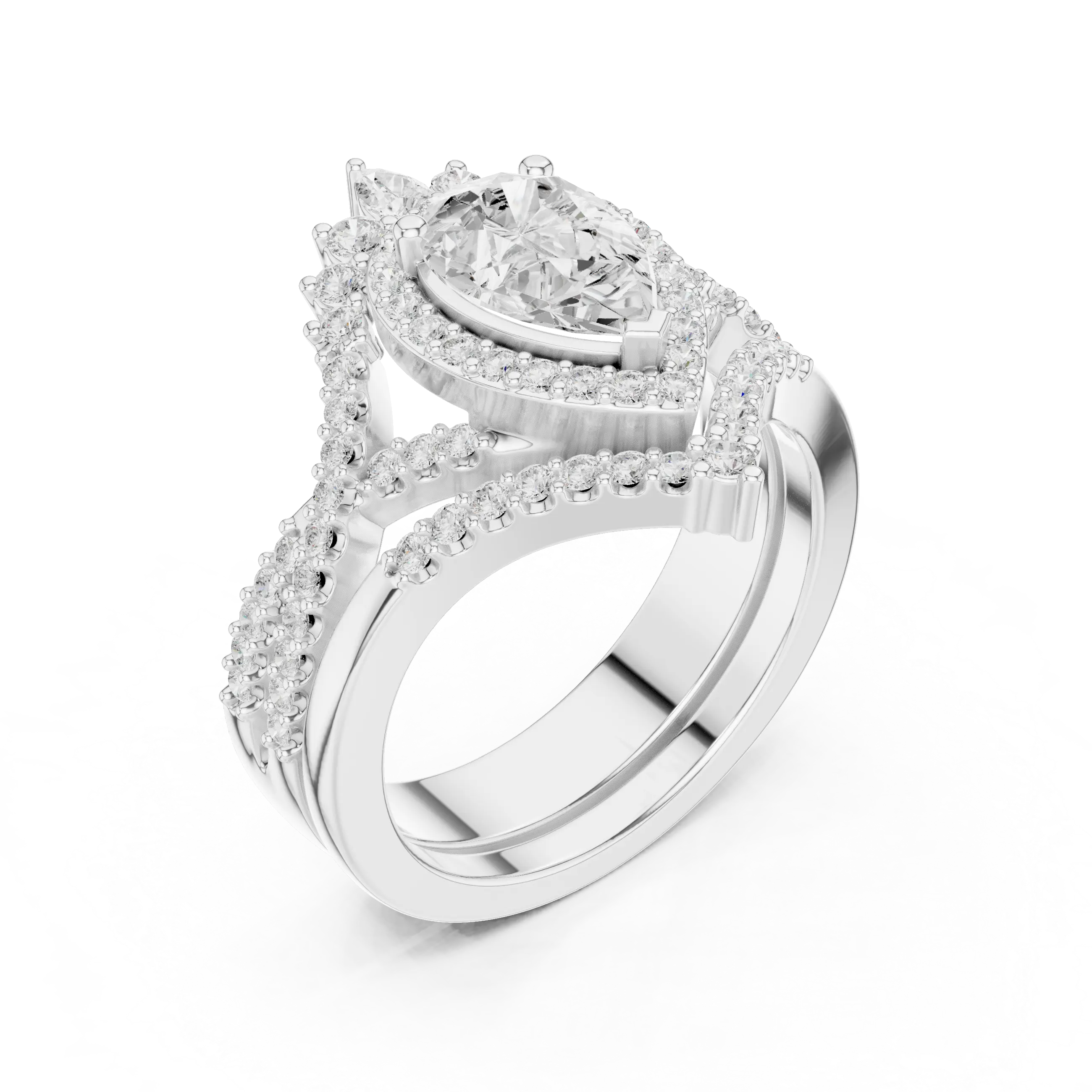 Pear Shape Diamond Halo Ring Set in Rose Gold – Double Band Engagement Ring for Women