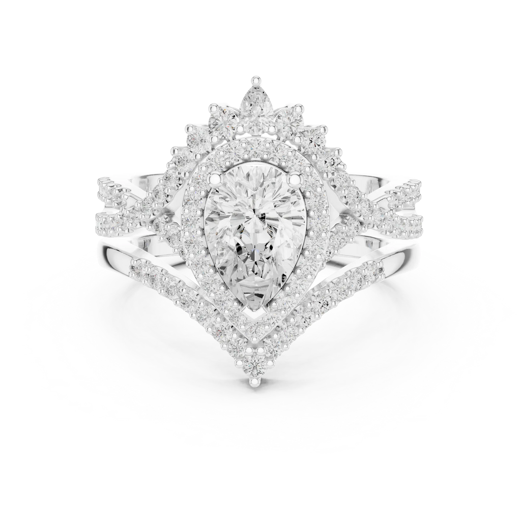 Pear Shape Diamond Halo Ring Set in Rose Gold – Double Band Engagement Ring for Women