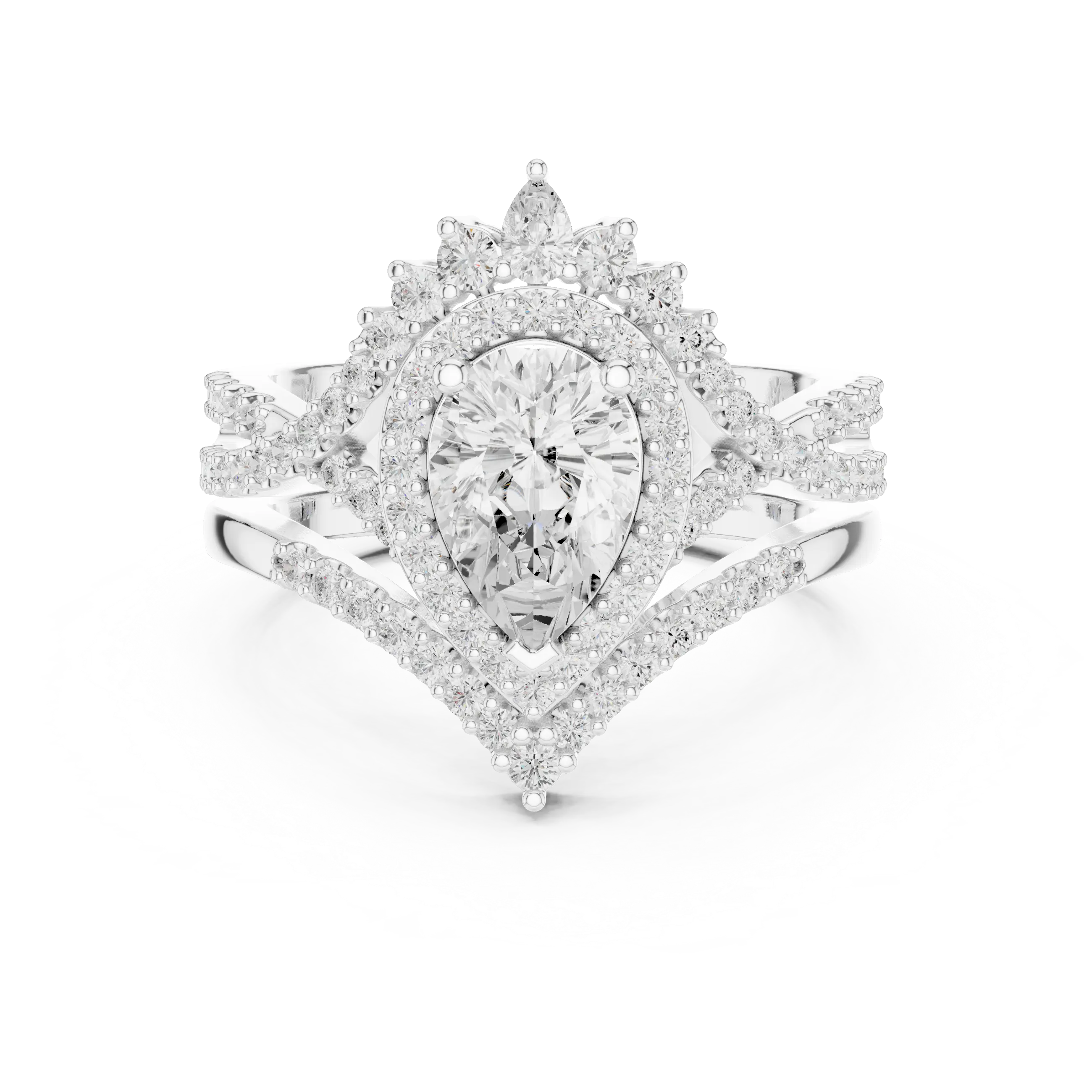 Pear Shape Diamond Halo Ring Set in Rose Gold – Double Band Engagement Ring for Women