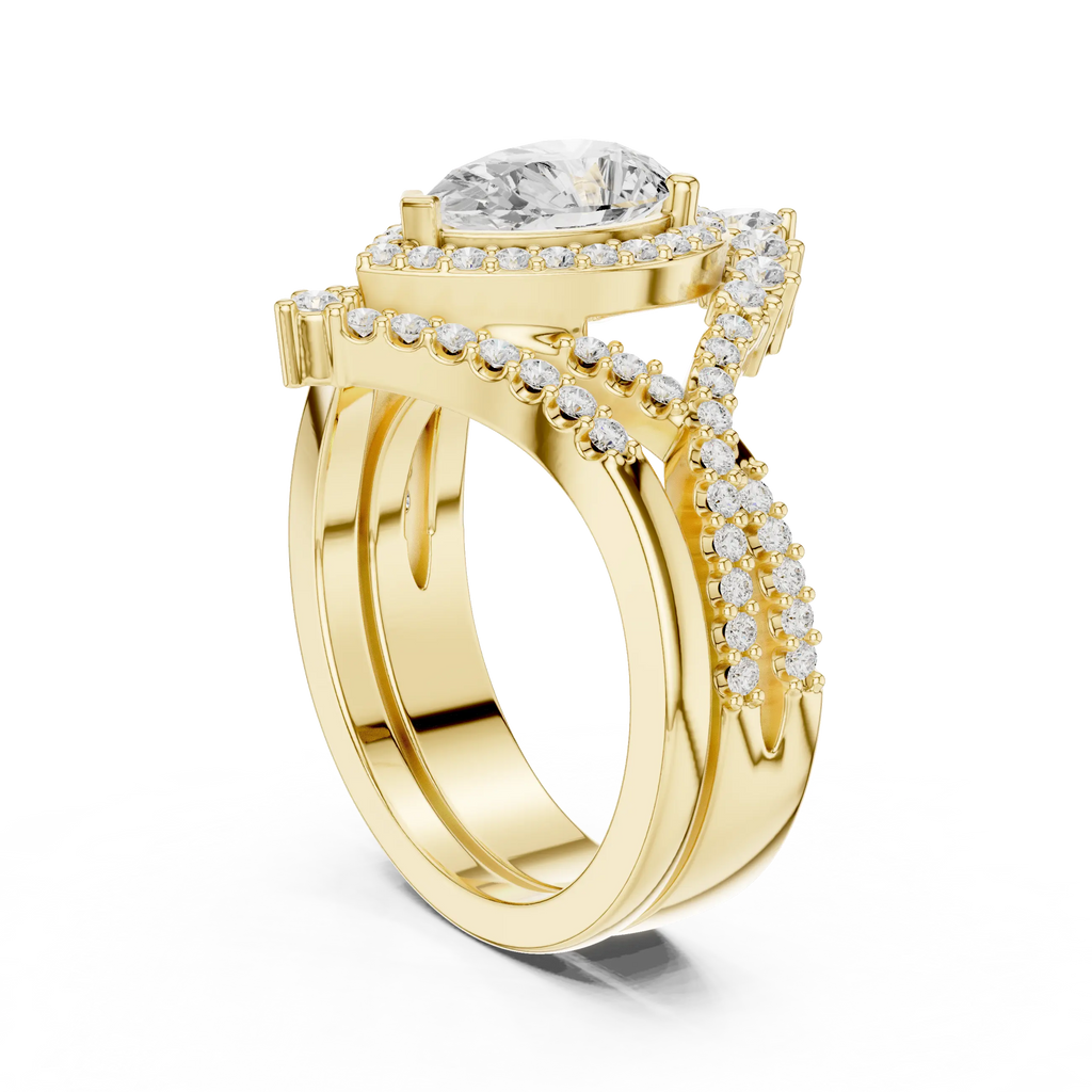 Pear Shape Diamond Halo Ring Set in Rose Gold – Double Band Engagement Ring for Women