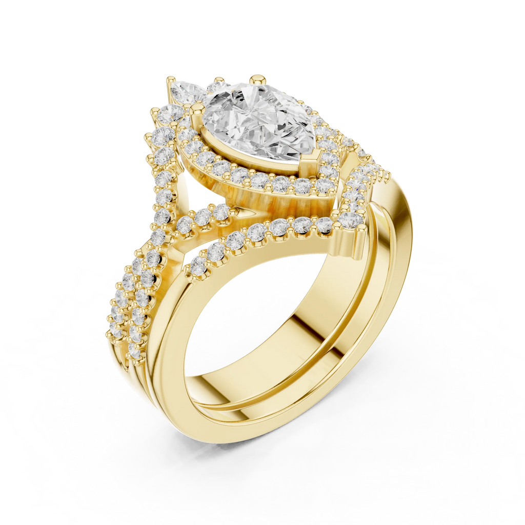 Pear Shape Diamond Halo Ring Set in Rose Gold – Double Band Engagement Ring for Women