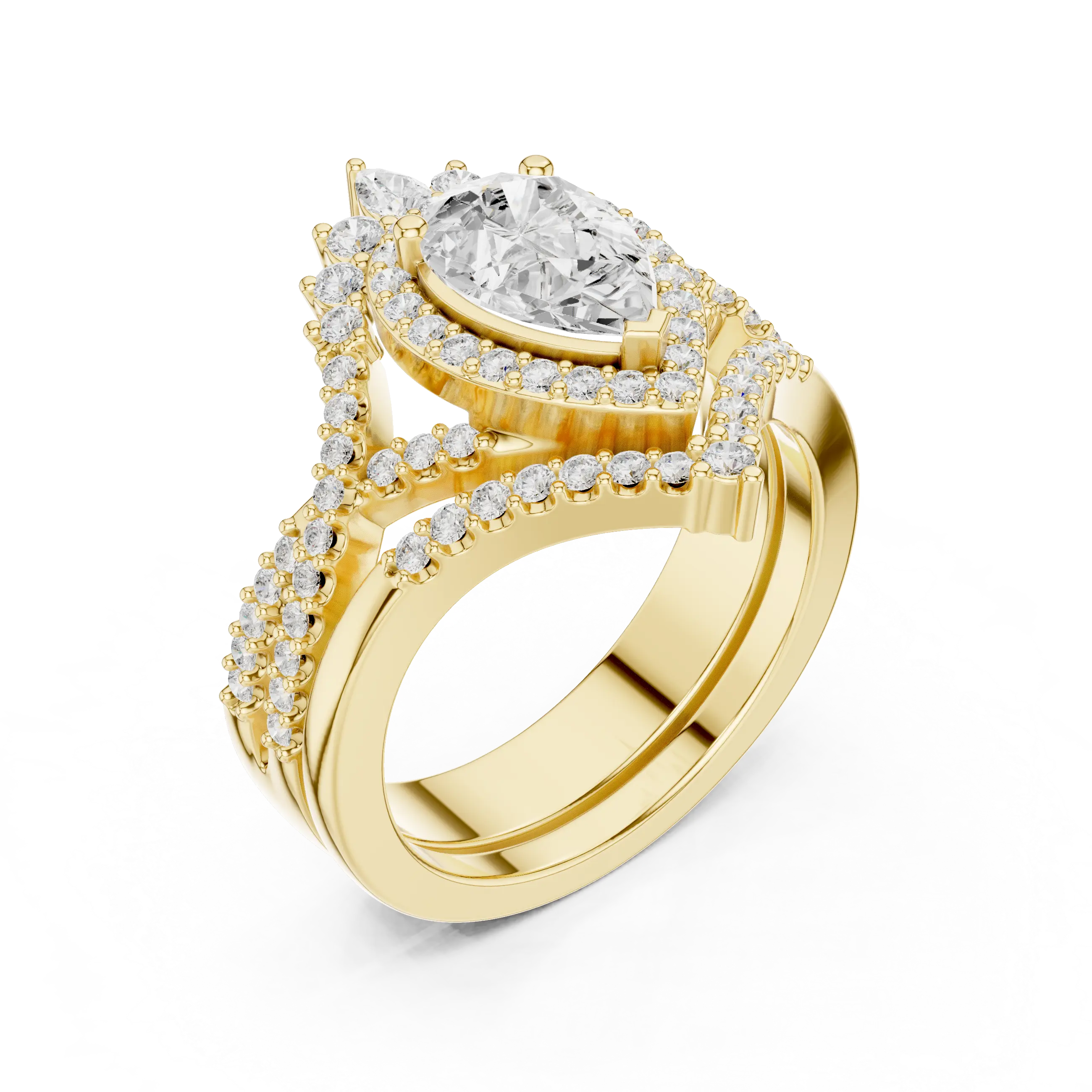 Pear Shape Diamond Halo Ring Set in Rose Gold – Double Band Engagement Ring for Women