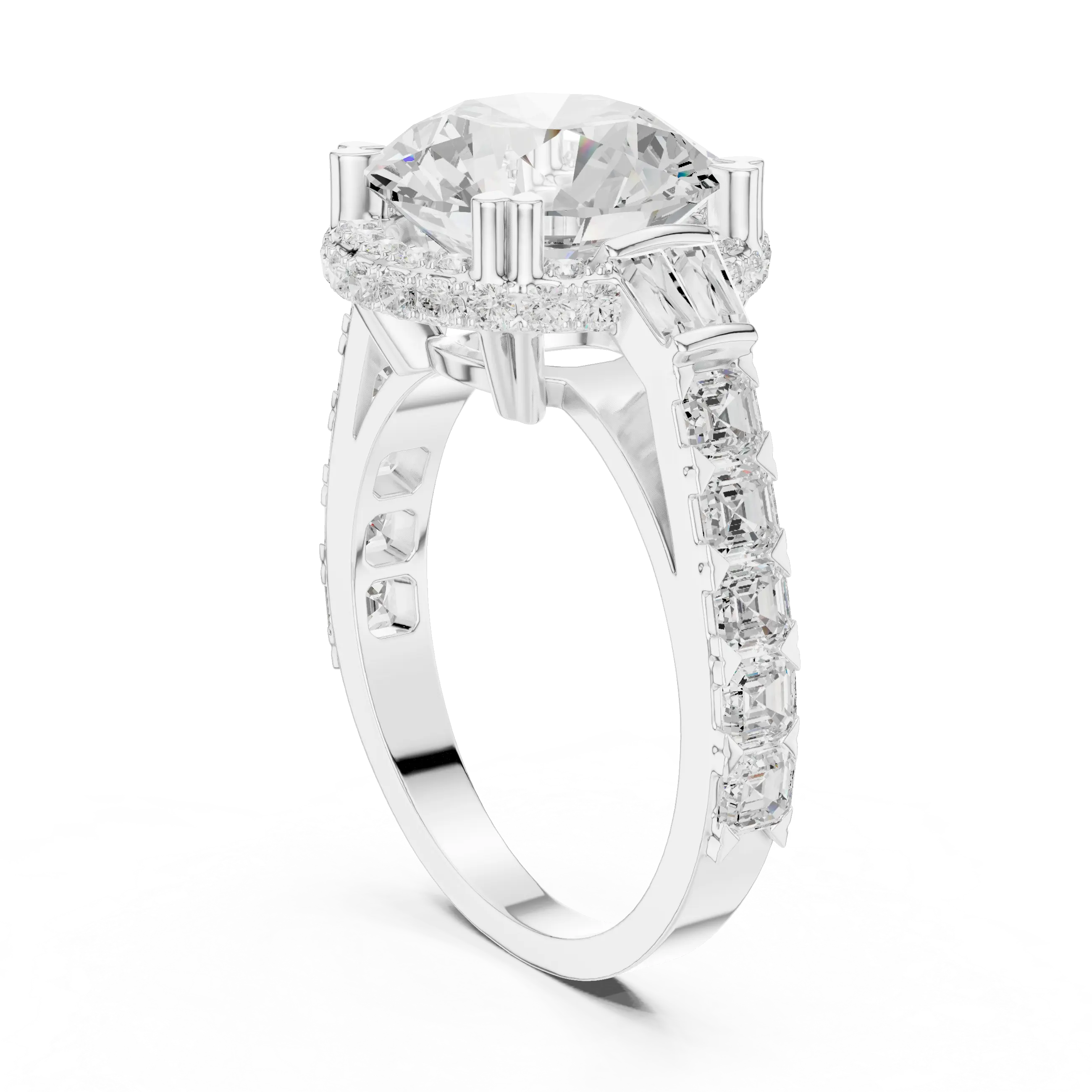 White Gold Round Cut Diamond Engagement Ring – Halo Setting with Baguette Diamonds