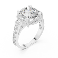 White Gold Round Cut Diamond Engagement Ring – Halo Setting with Baguette Diamonds