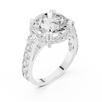 White Gold Round Cut Diamond Engagement Ring – Halo Setting with Baguette Diamonds