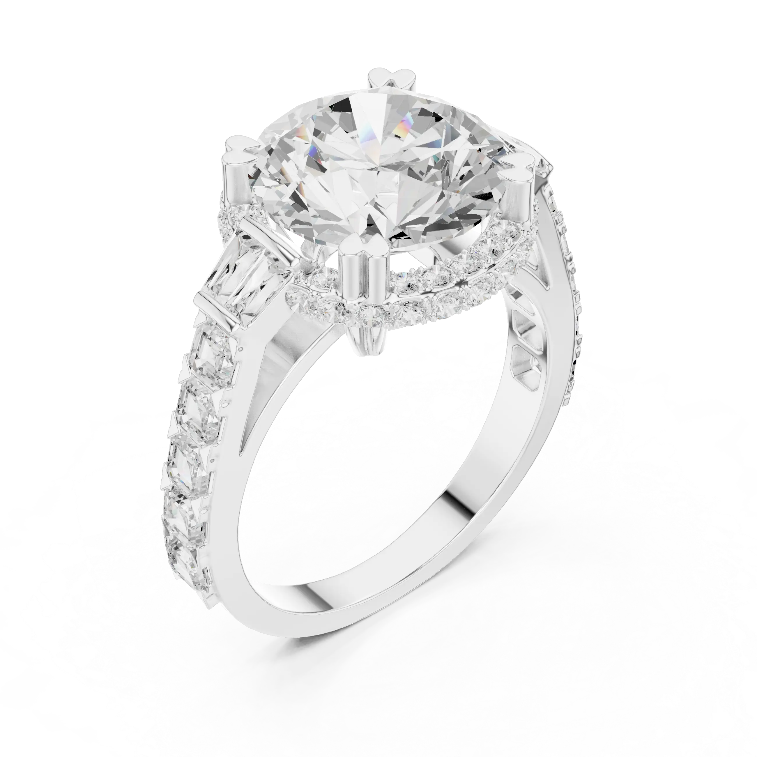 White Gold Round Cut Diamond Engagement Ring – Halo Setting with Baguette Diamonds
