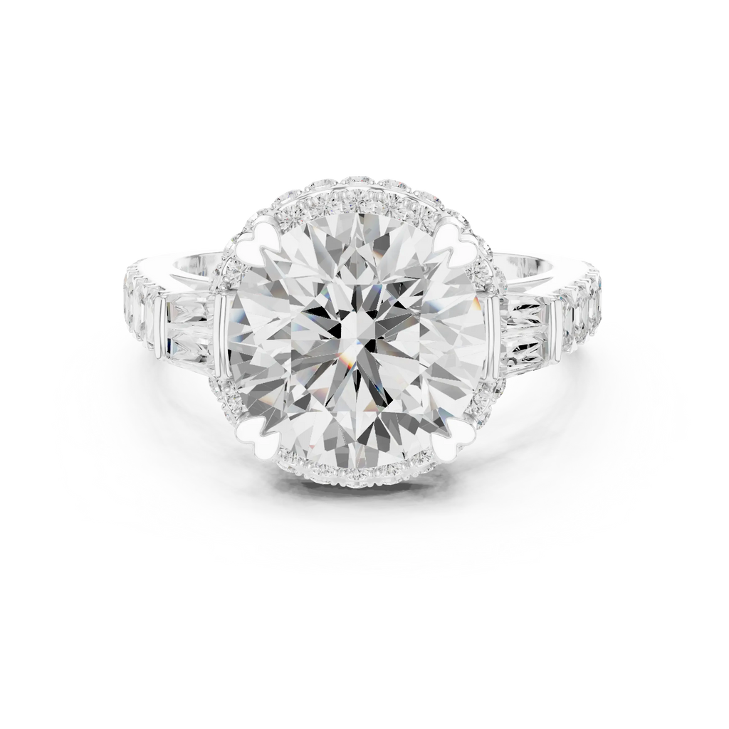 White Gold Round Cut Diamond Engagement Ring – Halo Setting with Baguette Diamonds
