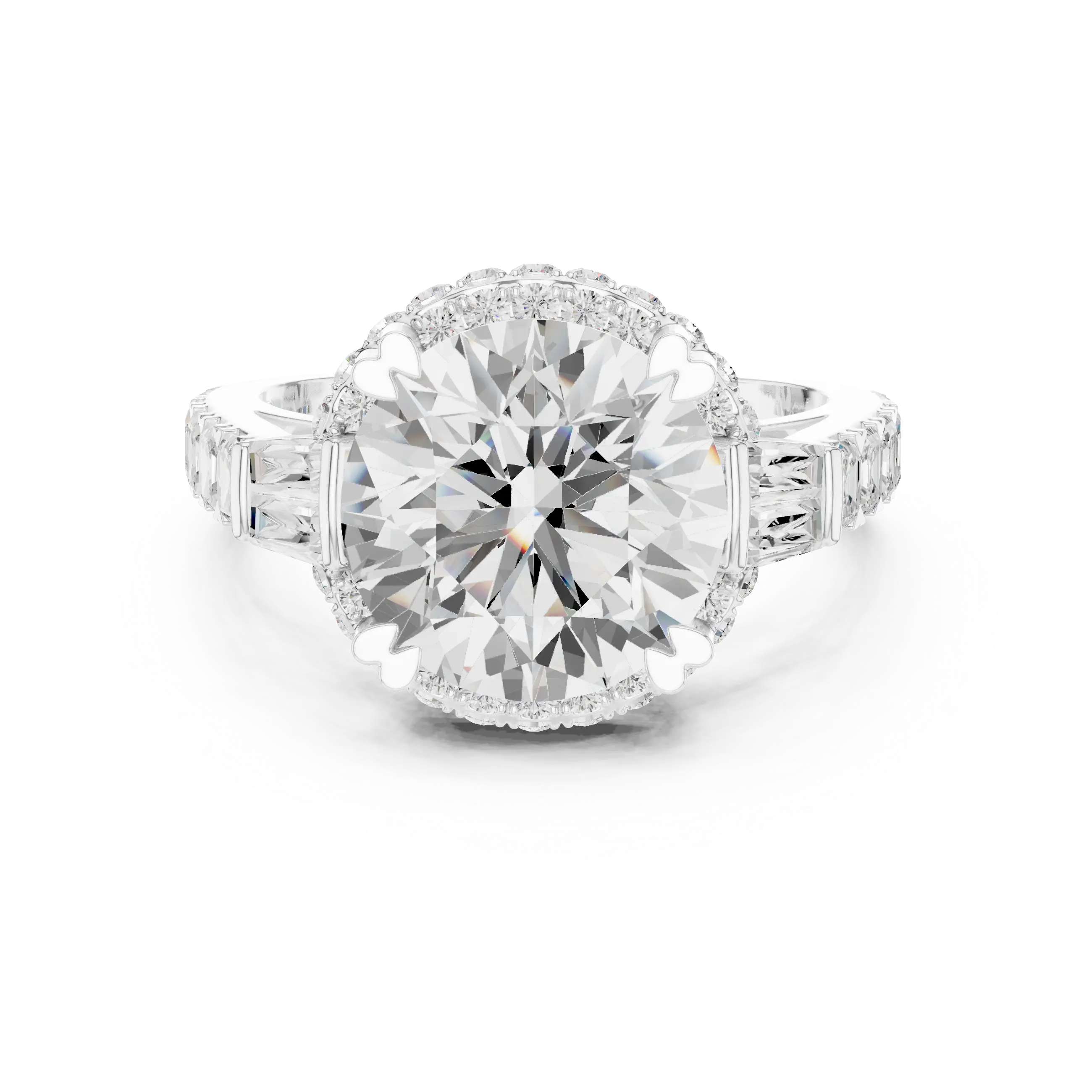 White Gold Round Cut Diamond Engagement Ring – Halo Setting with Baguette Diamonds