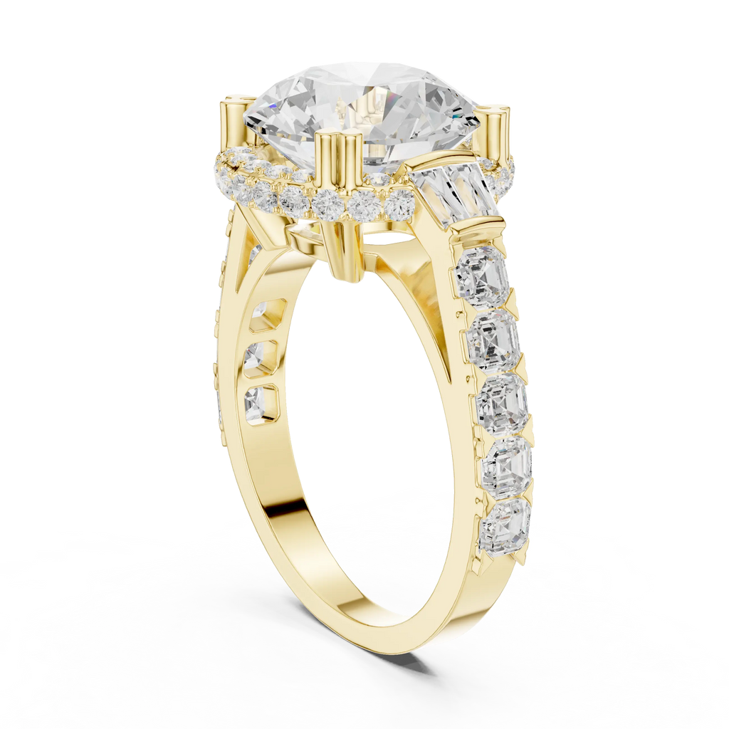 White Gold Round Cut Diamond Engagement Ring – Halo Setting with Baguette Diamonds