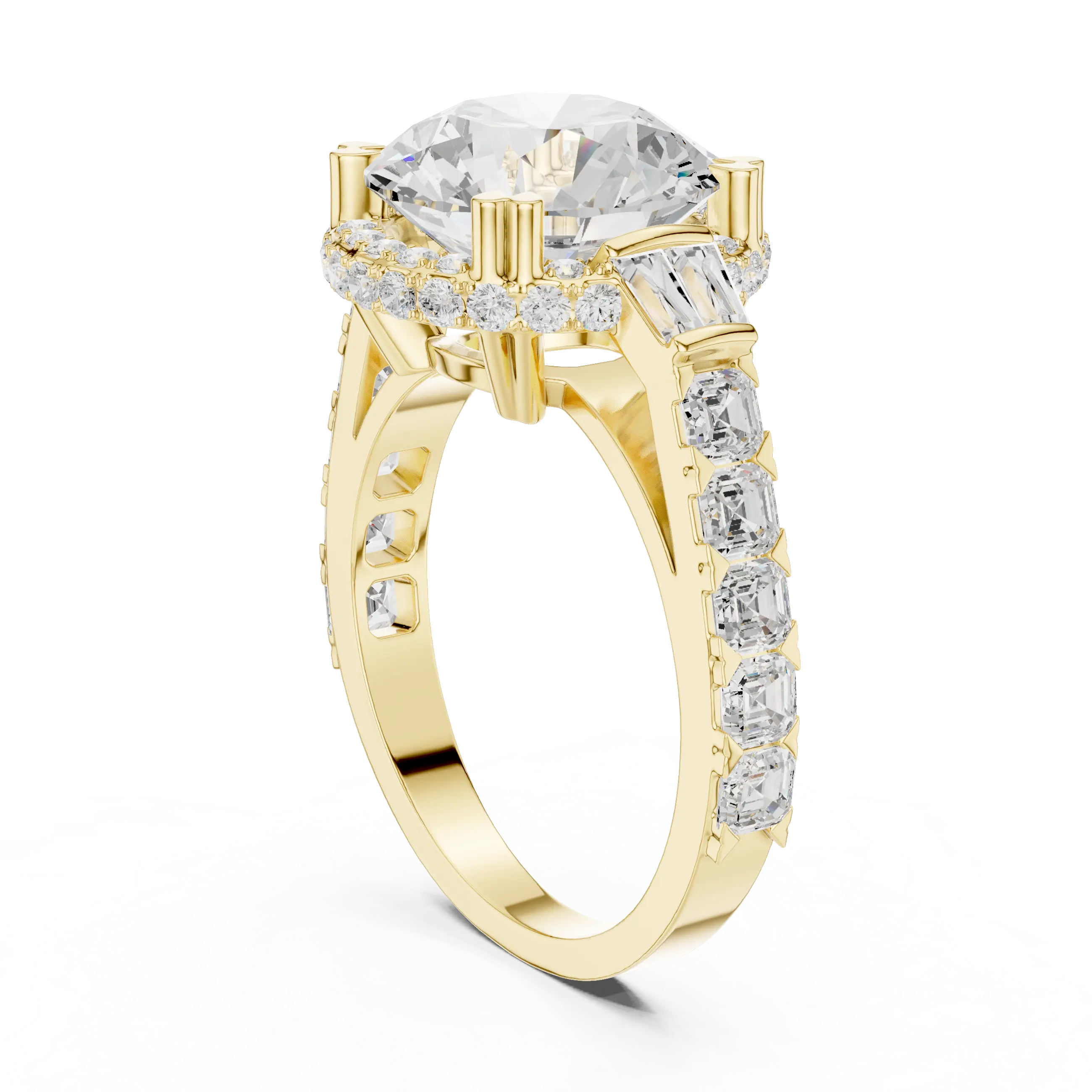 White Gold Round Cut Diamond Engagement Ring – Halo Setting with Baguette Diamonds