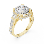 White Gold Round Cut Diamond Engagement Ring – Halo Setting with Baguette Diamonds