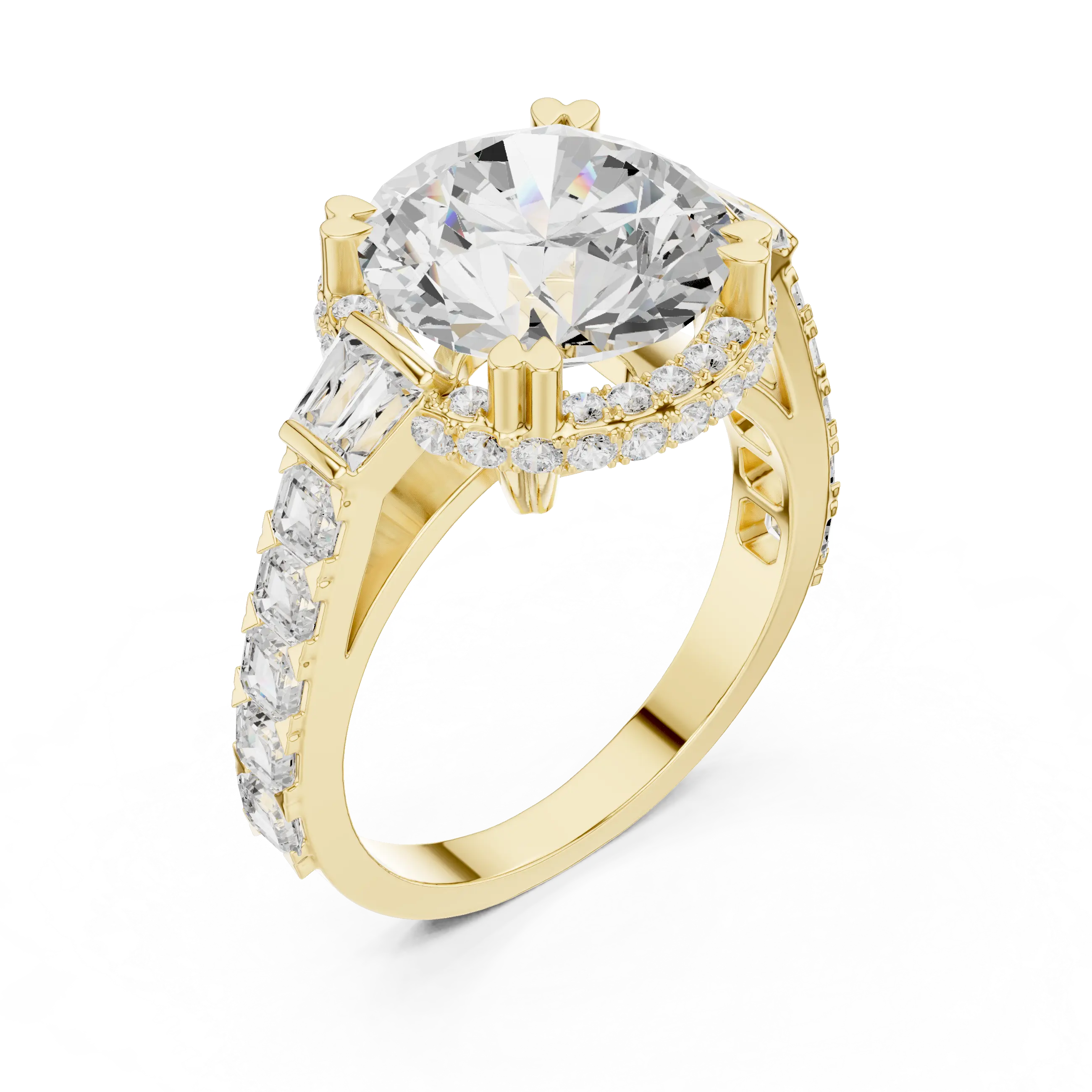 White Gold Round Cut Diamond Engagement Ring – Halo Setting with Baguette Diamonds