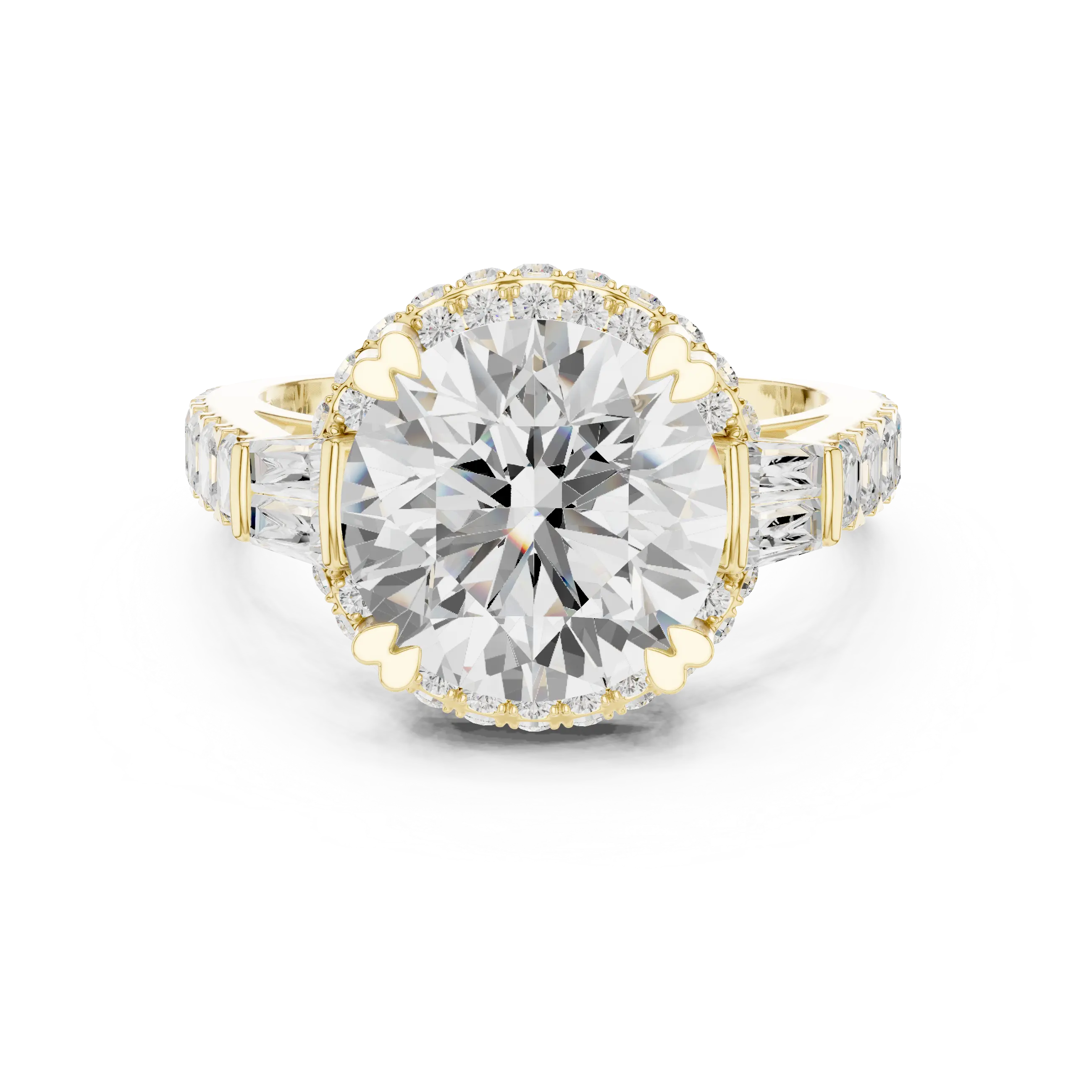 White Gold Round Cut Diamond Engagement Ring – Halo Setting with Baguette Diamonds