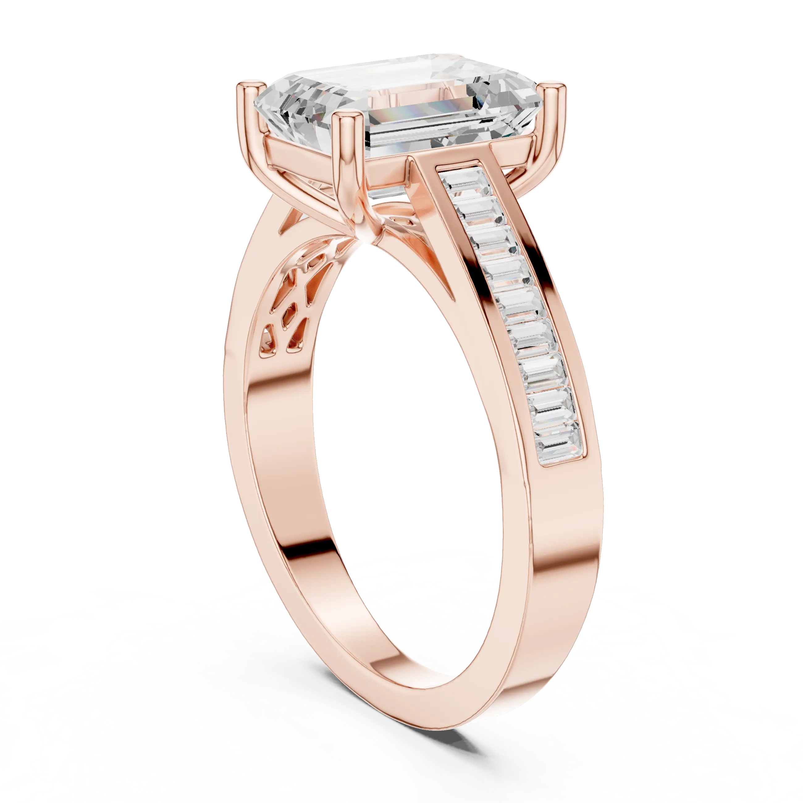 Emerald Cut Solitaire Engagement Ring with Baguette Channel Set Band in 14K Gold