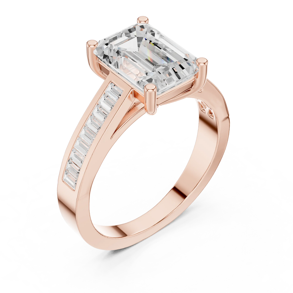 Emerald Cut Solitaire Engagement Ring with Baguette Channel Set Band in 14K Gold