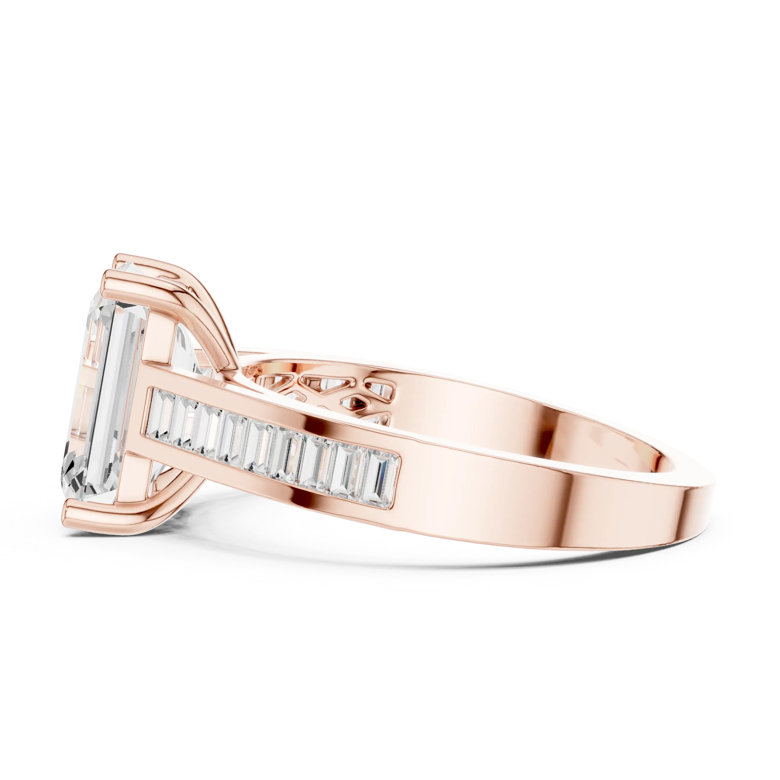 Emerald Cut Solitaire Engagement Ring with Baguette Channel Set Band in 14K Gold