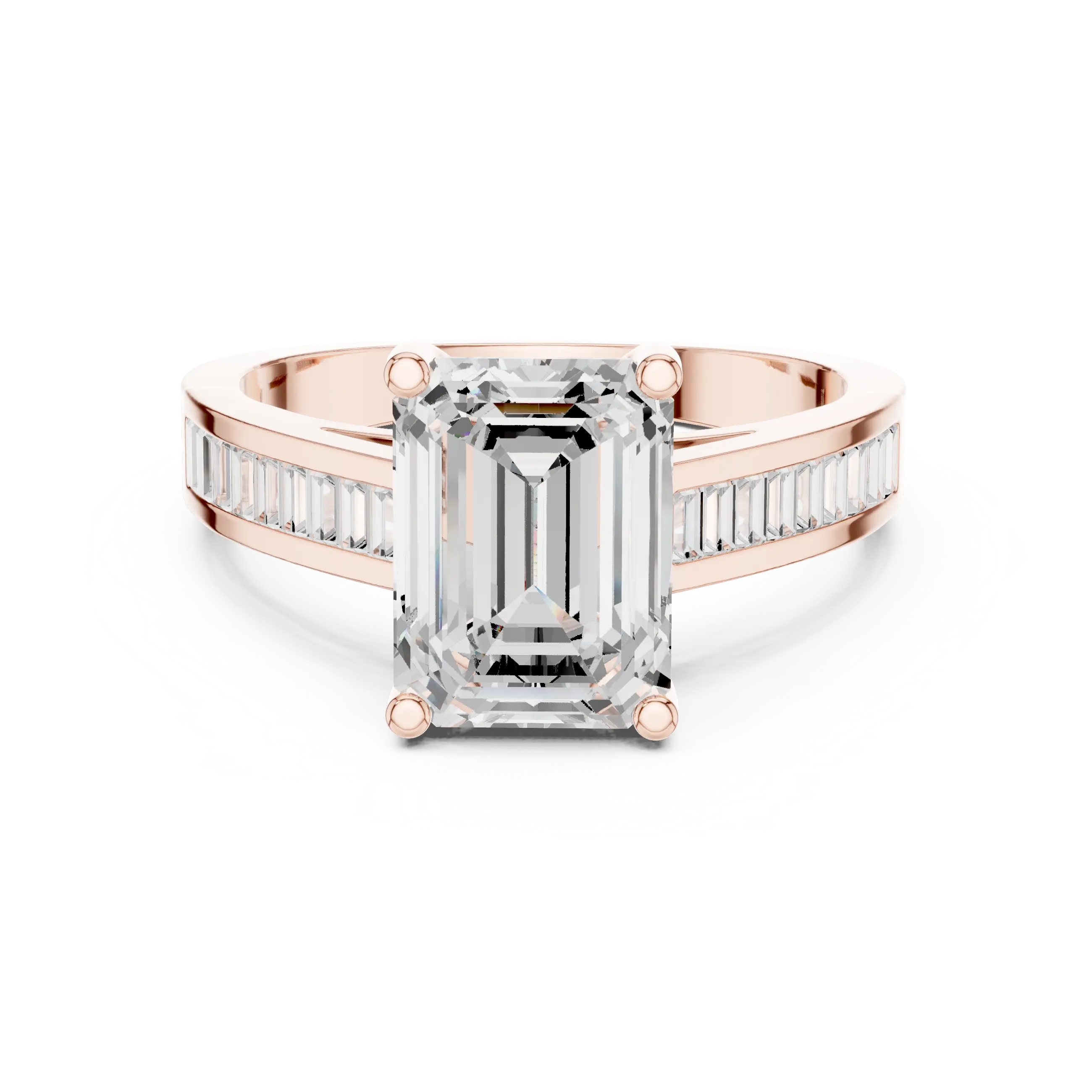 Emerald Cut Solitaire Engagement Ring with Baguette Channel Set Band in 14K Gold