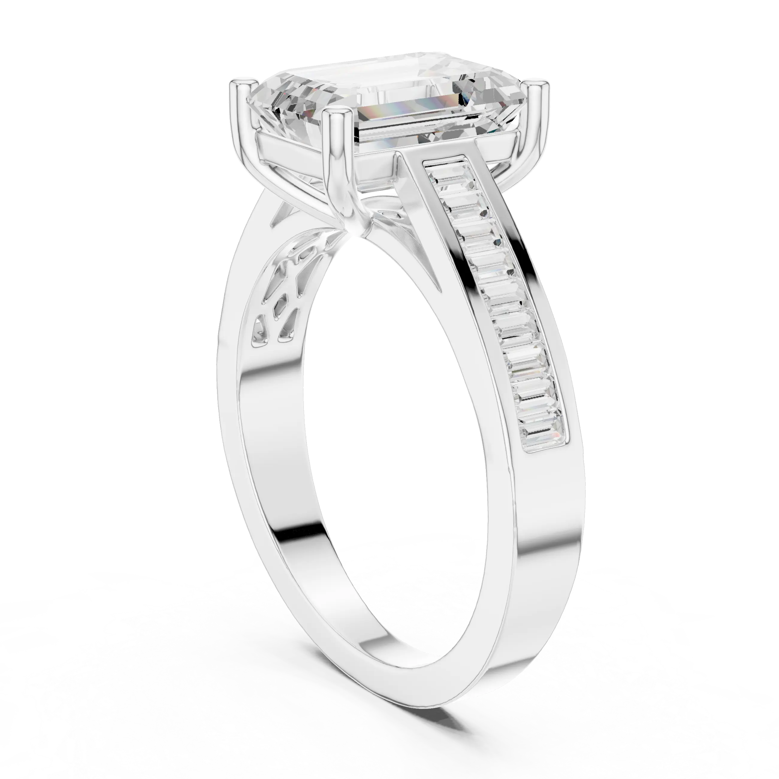 Emerald Cut Solitaire Engagement Ring with Baguette Channel Set Band in 14K Gold