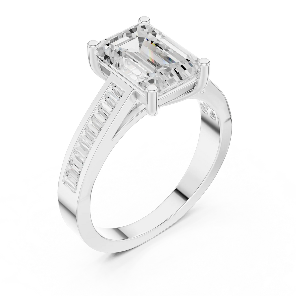 Emerald Cut Solitaire Engagement Ring with Baguette Channel Set Band in 14K Gold