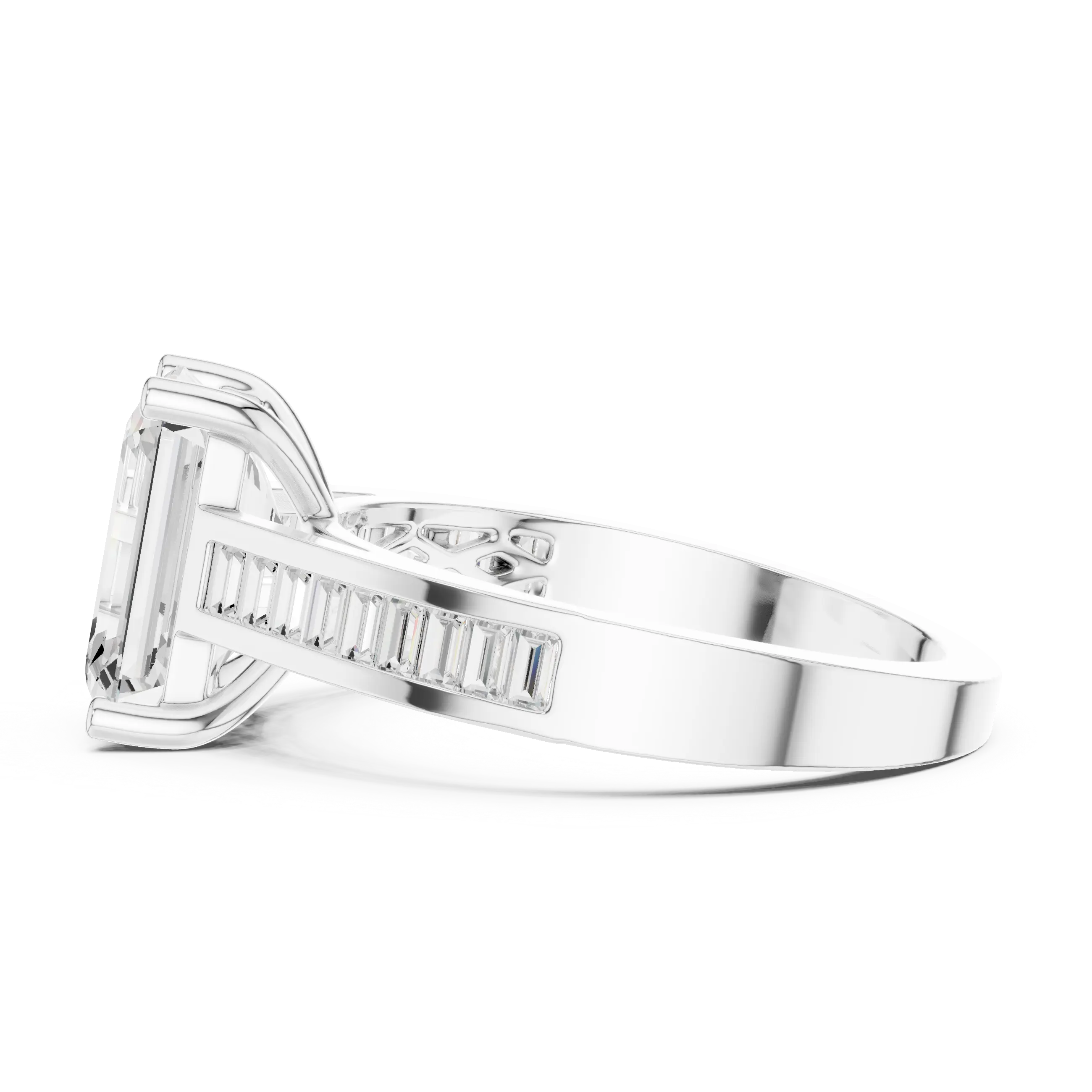 Emerald Cut Solitaire Engagement Ring with Baguette Channel Set Band in 14K Gold
