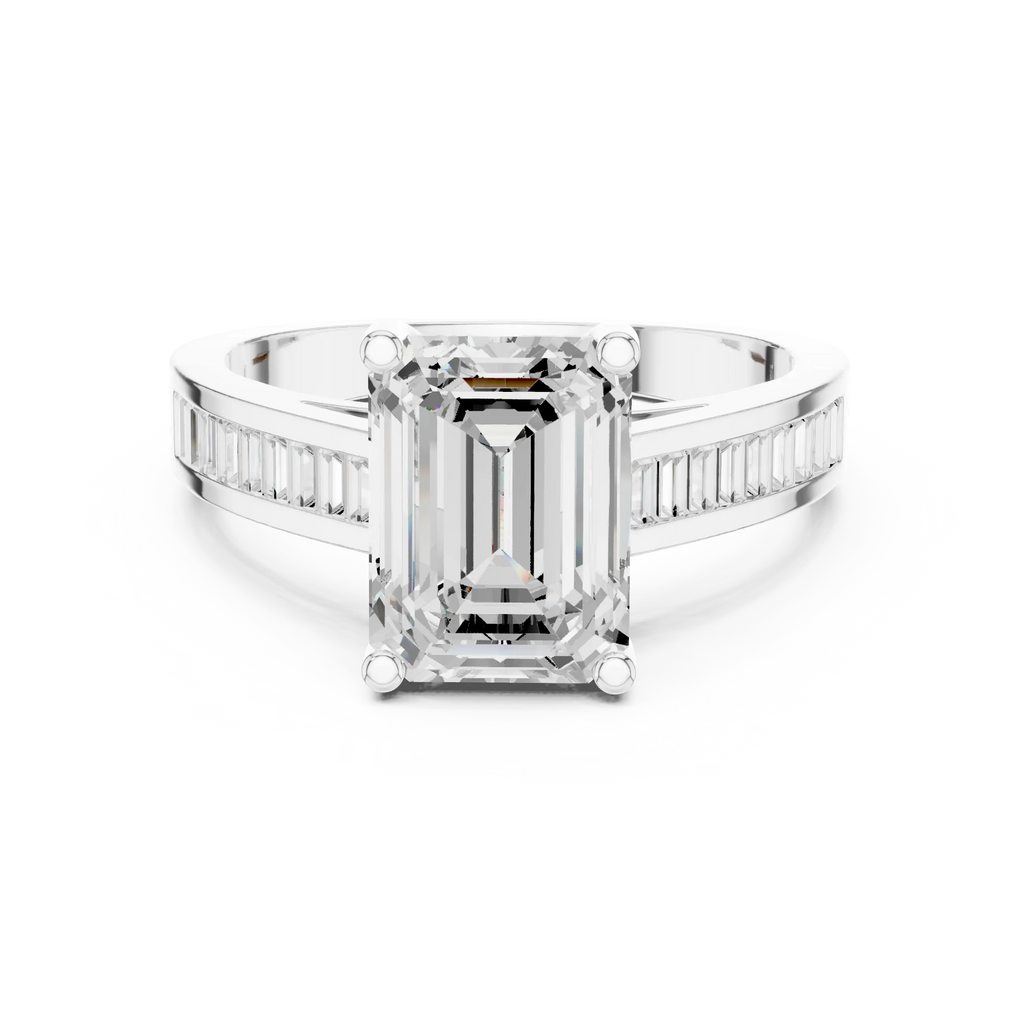 Emerald Cut Solitaire Engagement Ring with Baguette Channel Set Band in 14K Gold