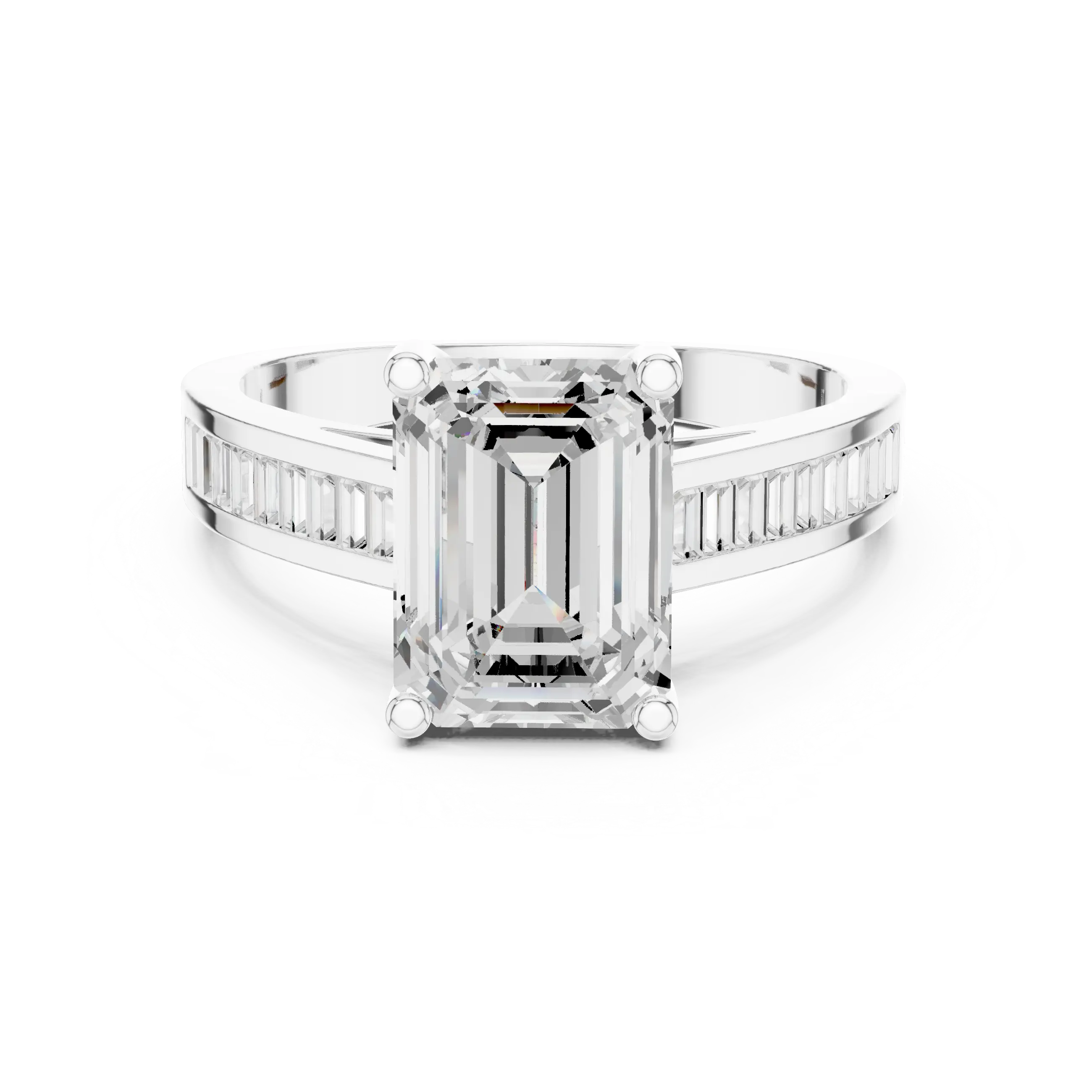 Emerald Cut Solitaire Engagement Ring with Baguette Channel Set Band in 14K Gold