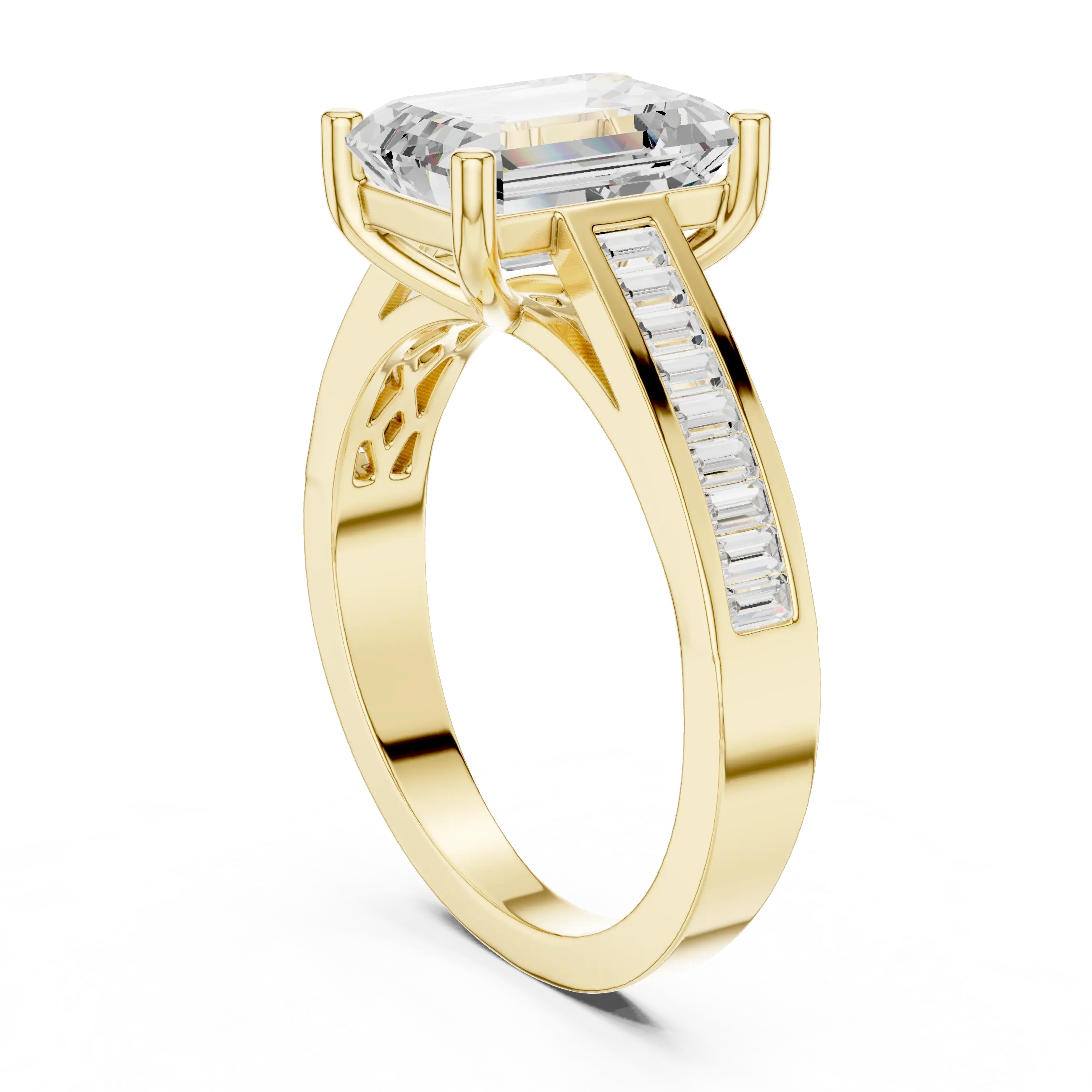 Emerald Cut Solitaire Engagement Ring with Baguette Channel Set Band in 14K Gold