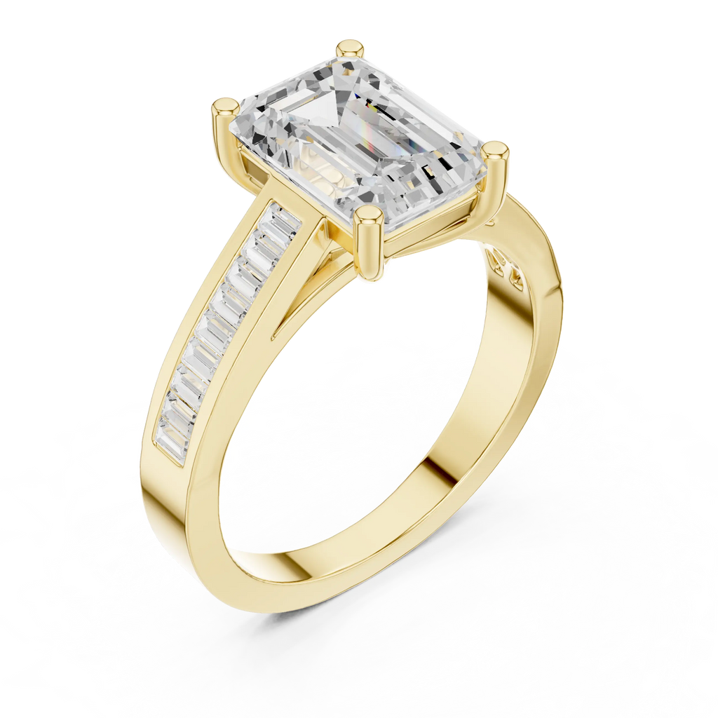 Emerald Cut Solitaire Engagement Ring with Baguette Channel Set Band in 14K Gold