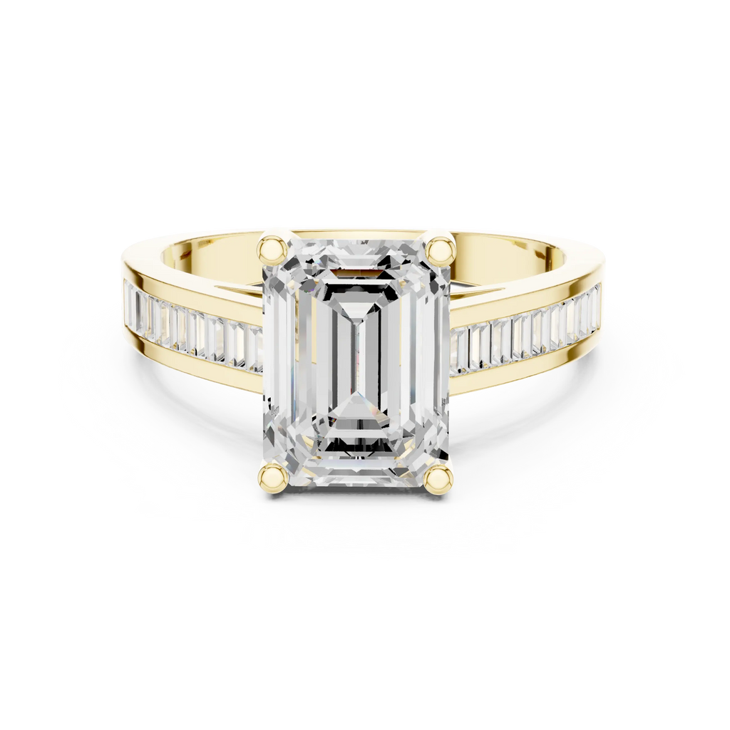 Emerald Cut Solitaire Engagement Ring with Baguette Channel Set Band in 14K Gold
