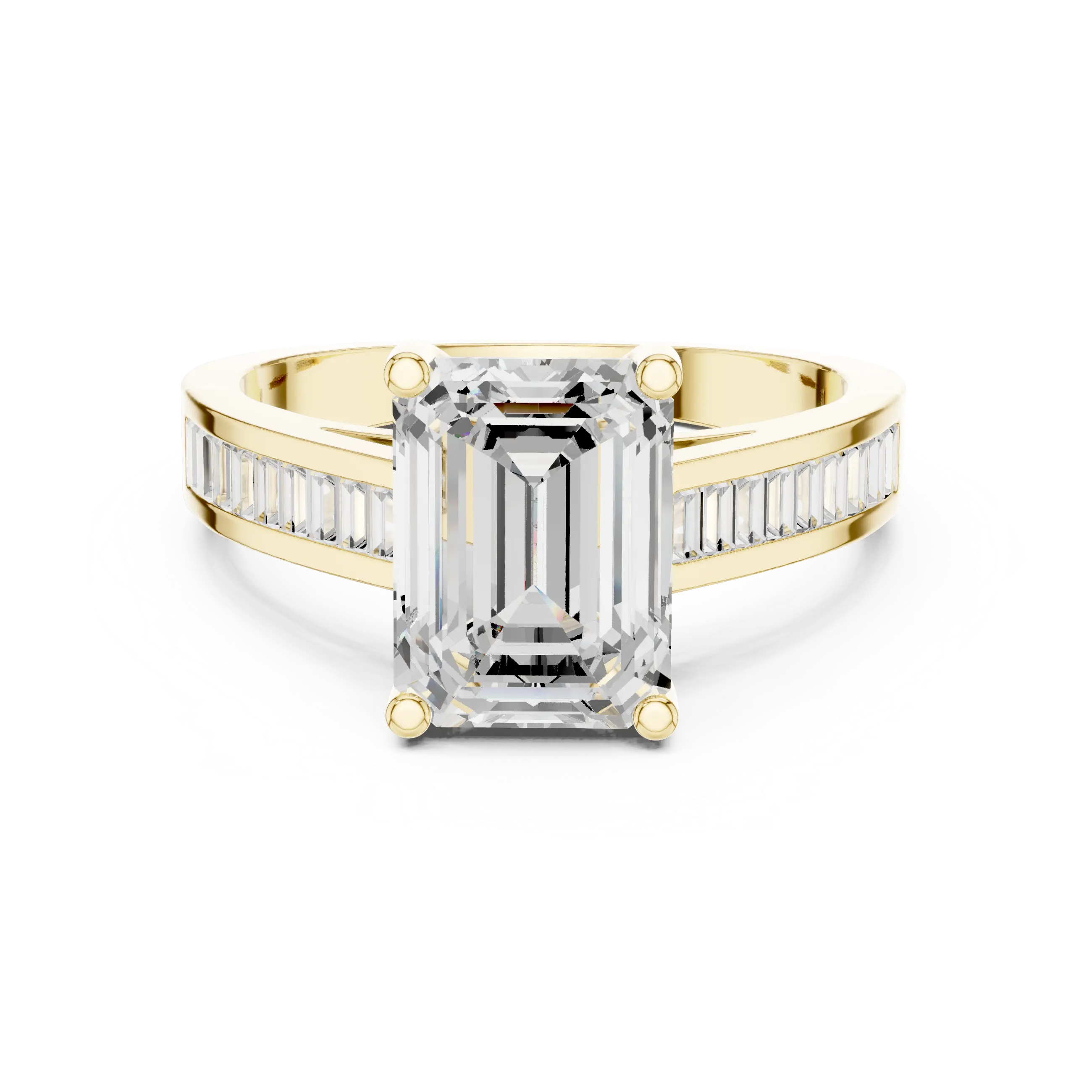 Emerald Cut Solitaire Engagement Ring with Baguette Channel Set Band in 14K Gold