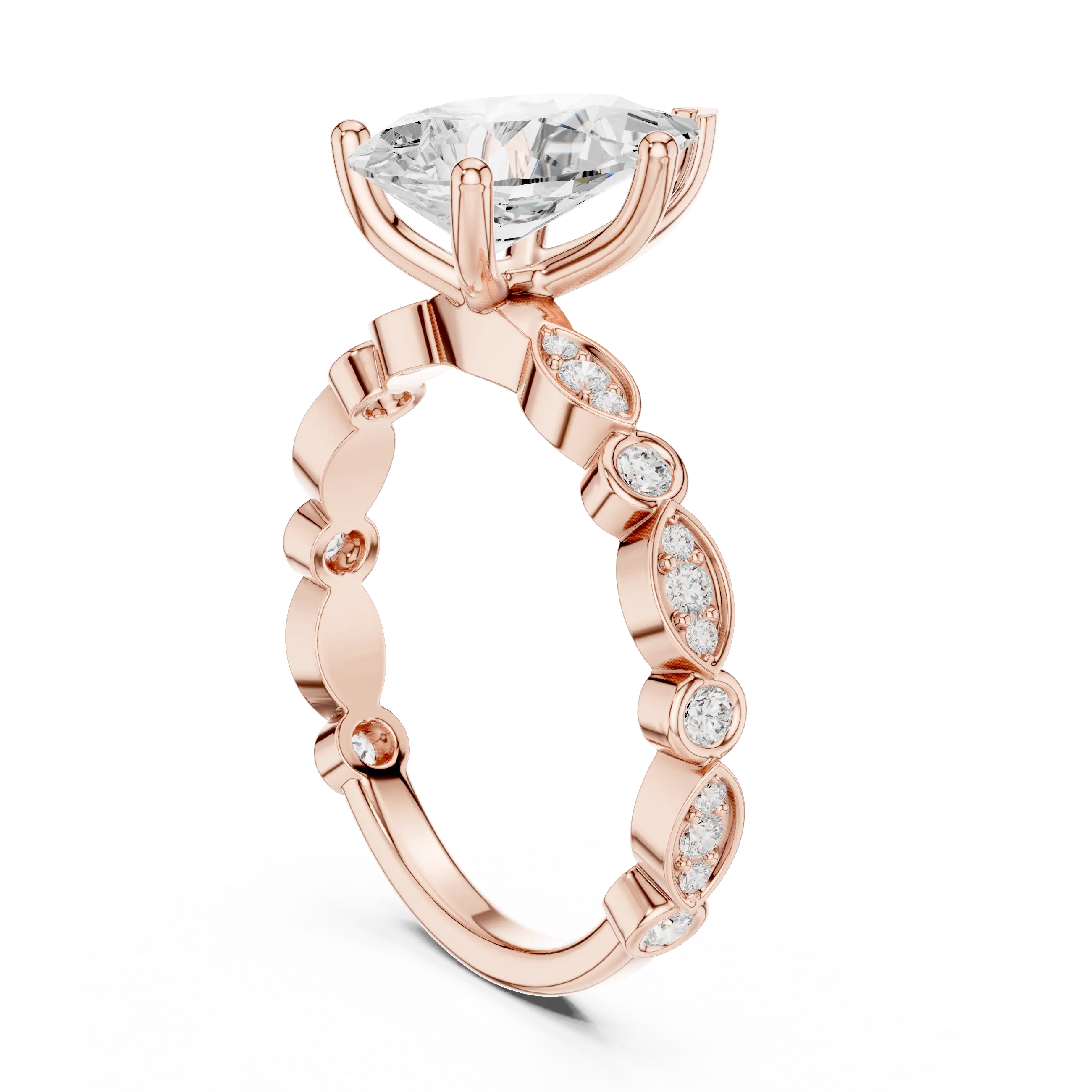 Pear Cut Engagement Ring with Vintage Marquise & Round Pavé Band - Solid 14K Gold Teardrop Solitaire Ring