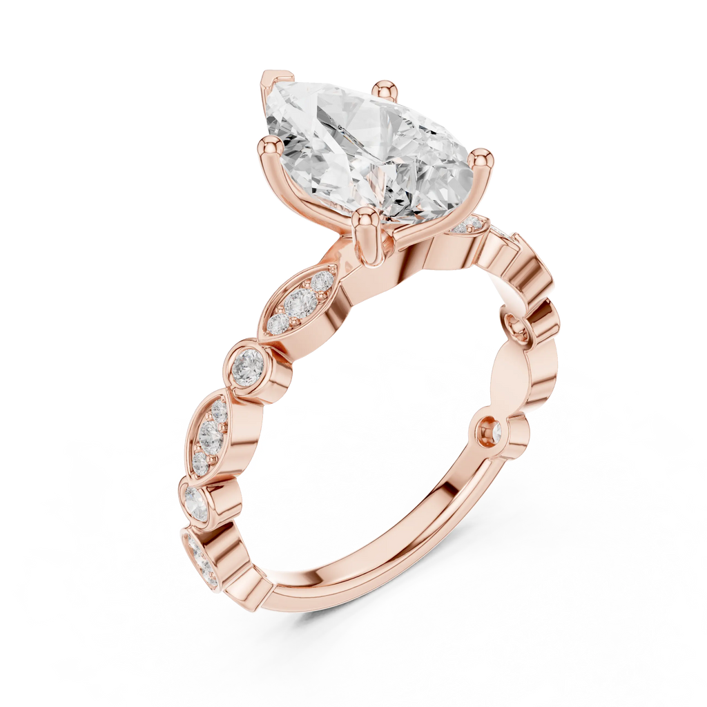Pear Cut Engagement Ring with Vintage Marquise & Round Pavé Band - Solid 14K Gold Teardrop Solitaire Ring