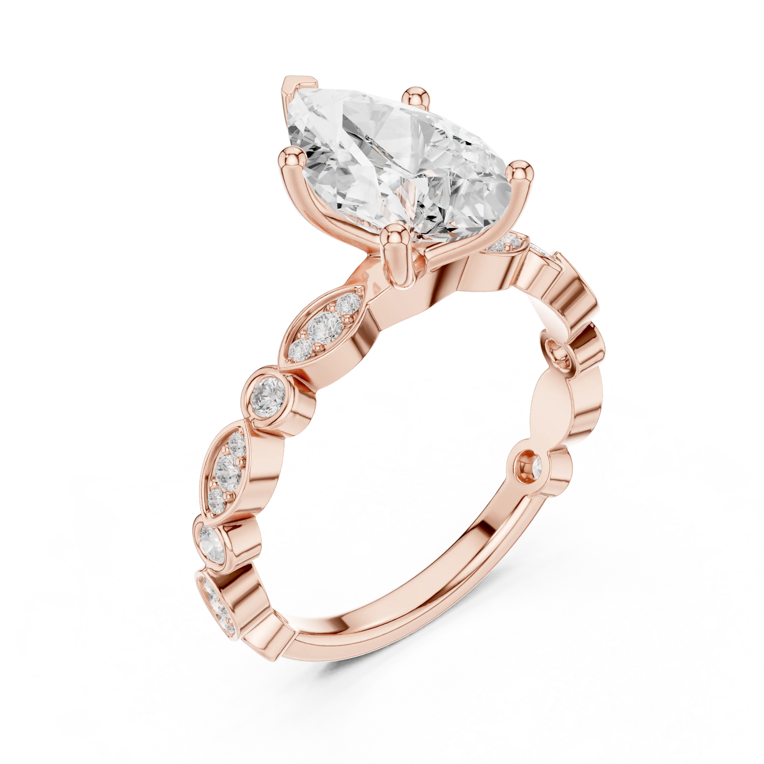 Pear Cut Engagement Ring with Vintage Marquise & Round Pavé Band - Solid 14K Gold Teardrop Solitaire Ring