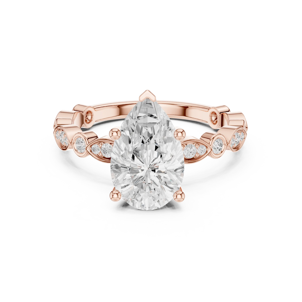 Pear Cut Engagement Ring with Vintage Marquise & Round Pavé Band - Solid 14K Gold Teardrop Solitaire Ring