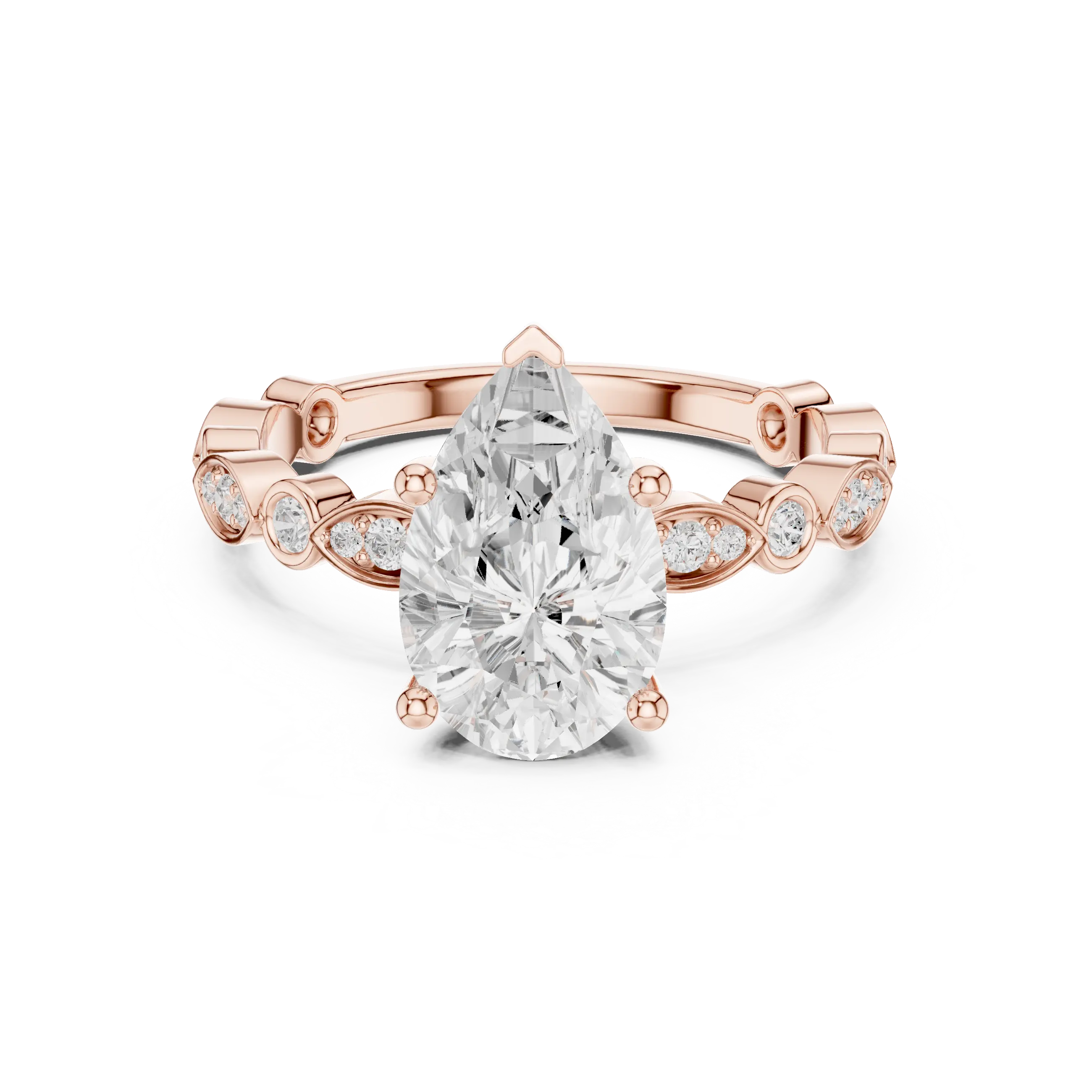 Pear Cut Engagement Ring with Vintage Marquise & Round Pavé Band - Solid 14K Gold Teardrop Solitaire Ring