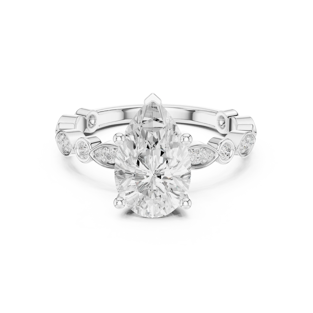 Pear Cut Engagement Ring with Vintage Marquise & Round Pavé Band - Solid 14K Gold Teardrop Solitaire Ring