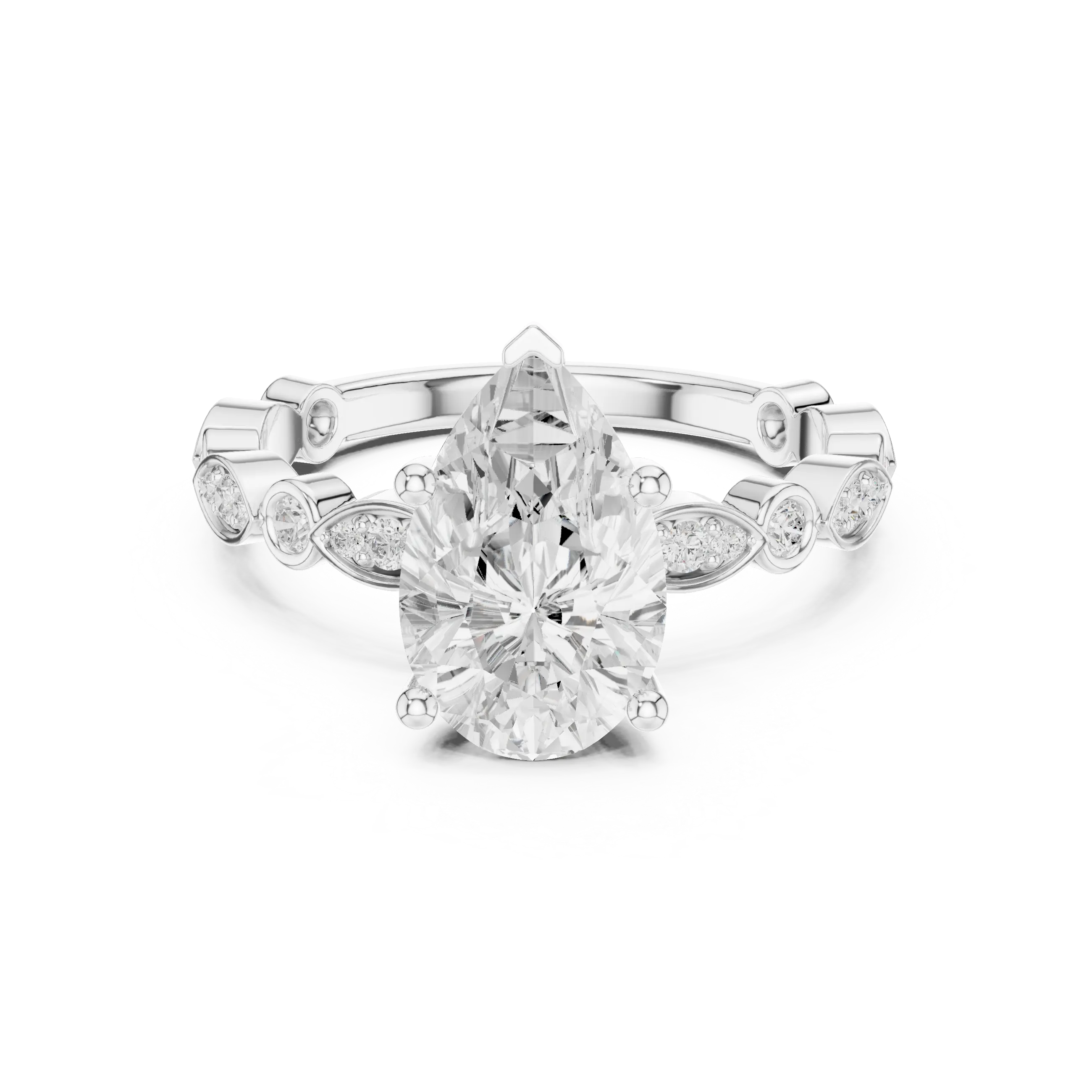 Pear Cut Engagement Ring with Vintage Marquise & Round Pavé Band - Solid 14K Gold Teardrop Solitaire Ring